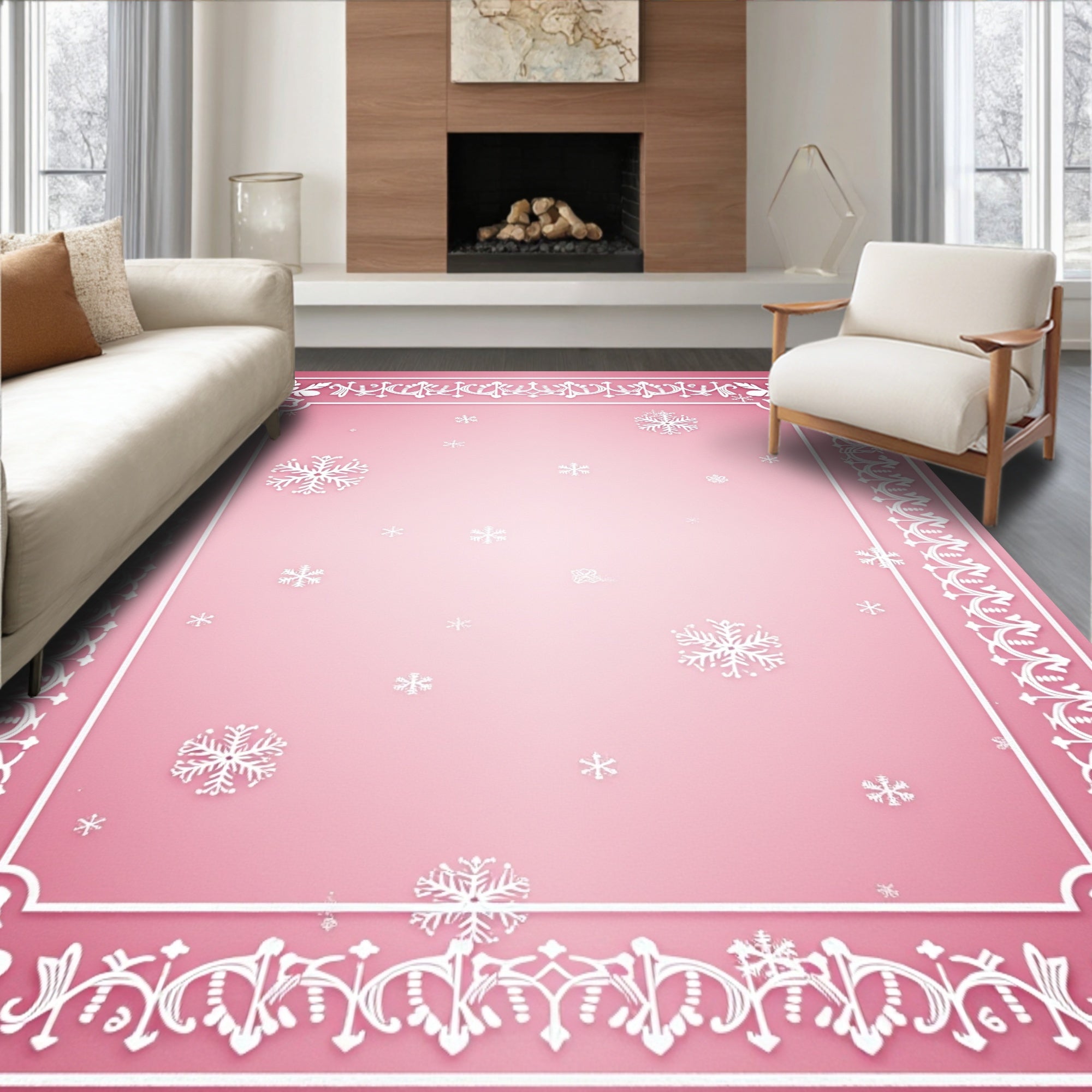 White Snowflake Pink Gradient Border Rug