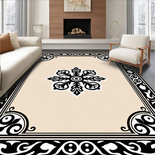 Black Floral Bordered Medallion Rug