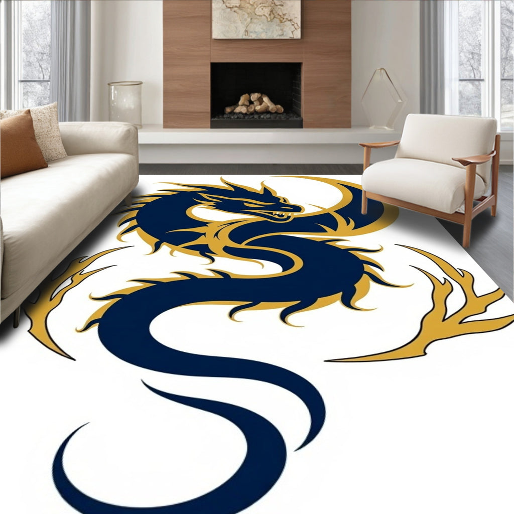Majestic Blue Gold Dragon Silhouette Rug