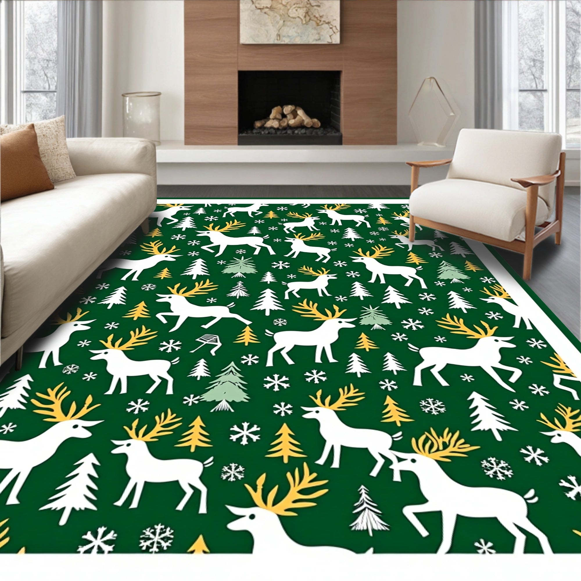 Christmas Deer Forest Snowflakes Rug