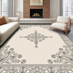 Cream and Black Scroll Medallion Frame Rug