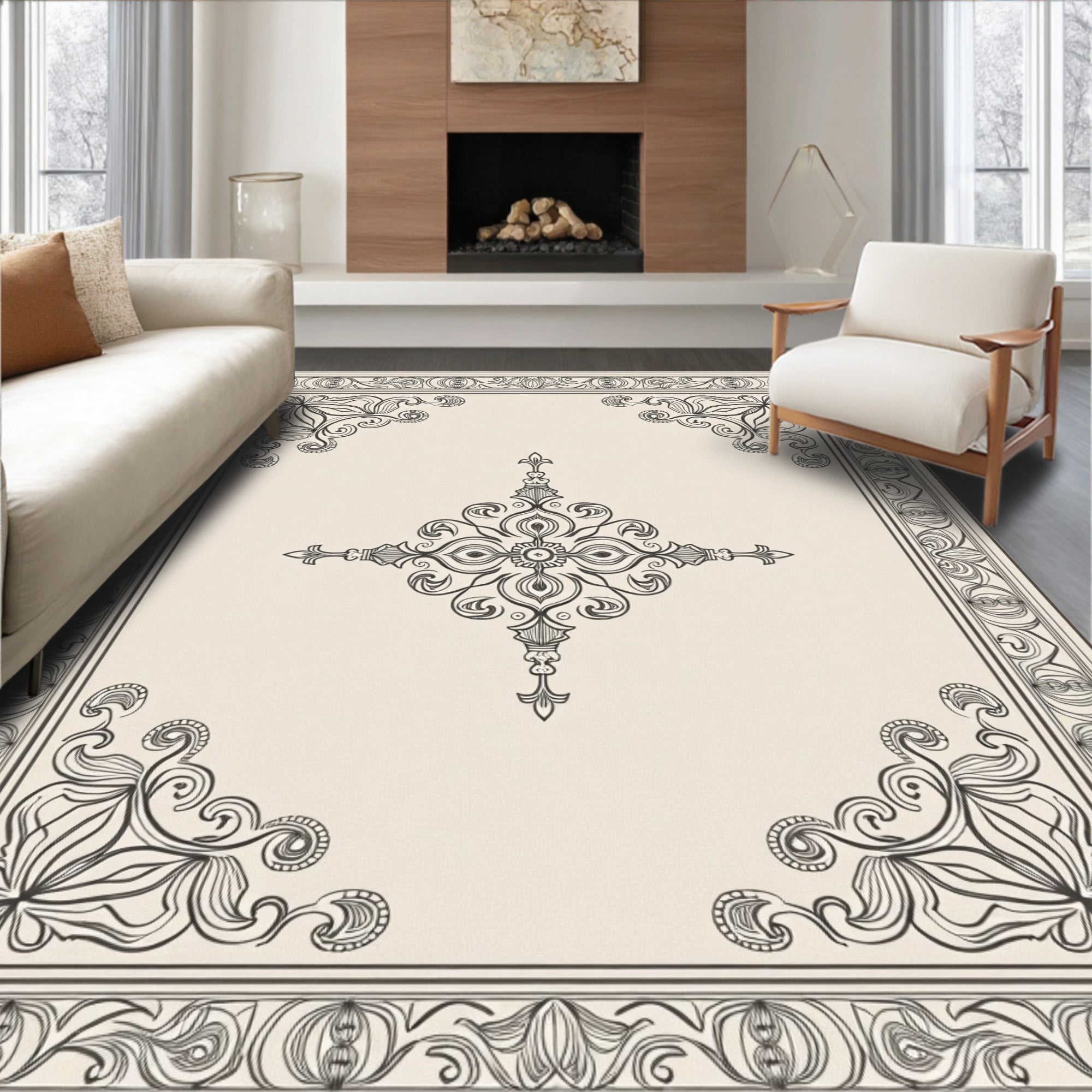 Cream and Black Scroll Medallion Frame Rug