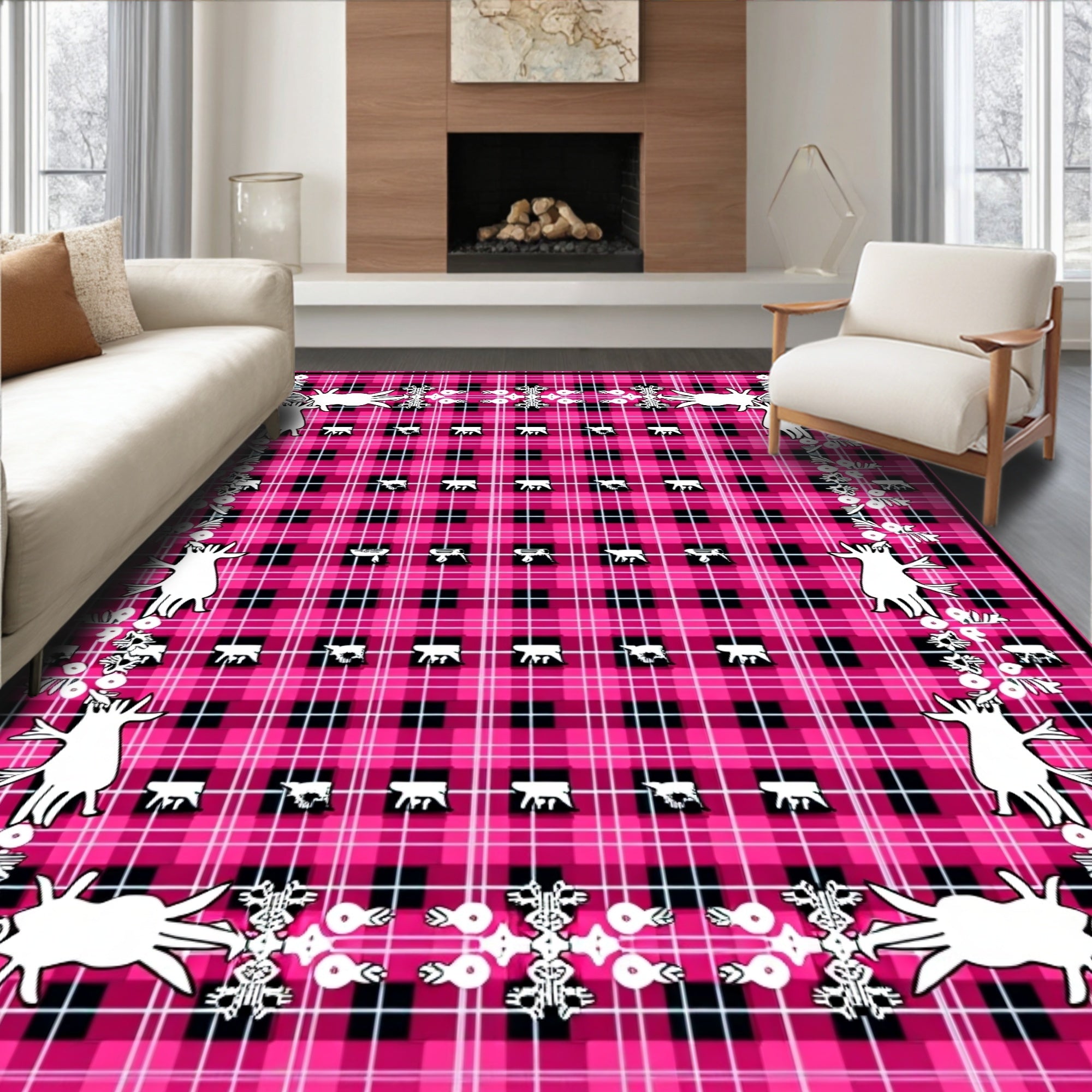 Pink Black Plaid Whimsical Creatures Rug