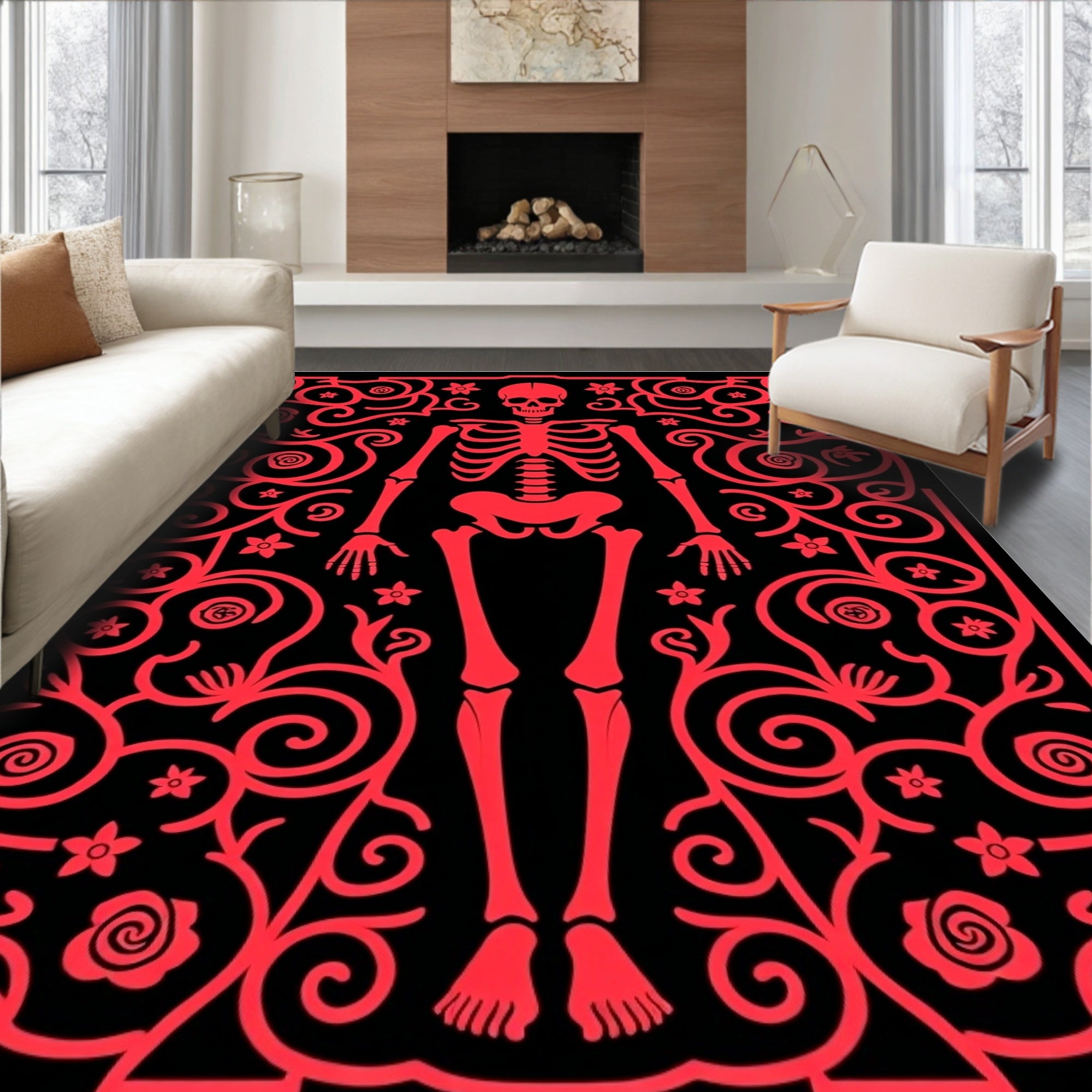 Crimson Skeleton Floral Scroll Rug