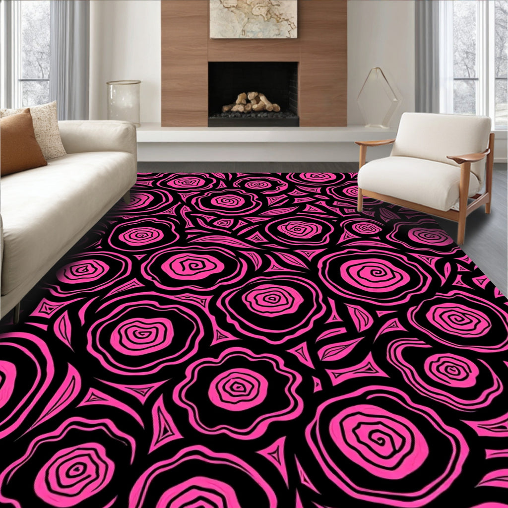 Vibrant Pink Swirl Rose Botanical Rug
