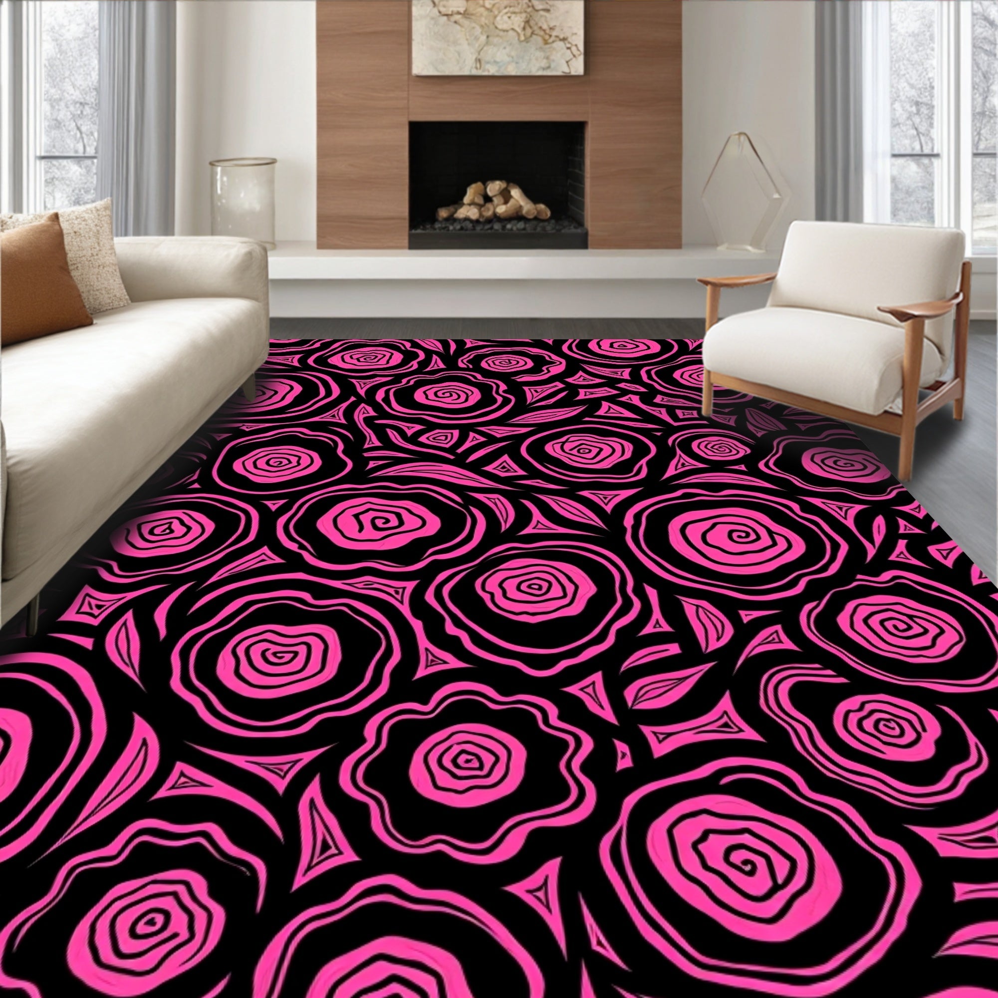 Vibrant Pink Swirl Rose Botanical Rug