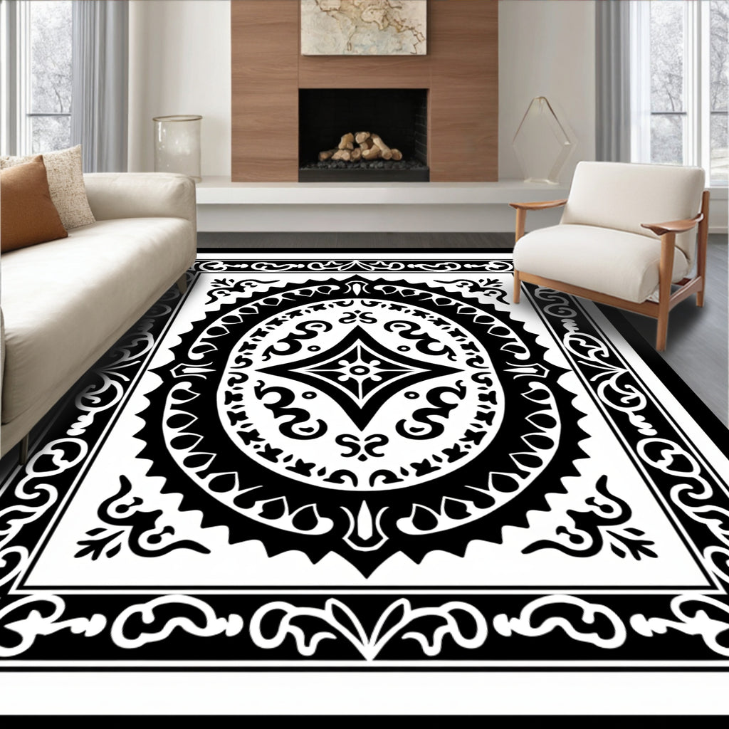 Ornate Black White Medallion Border Rug