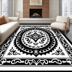Ornate Black White Medallion Border Rug