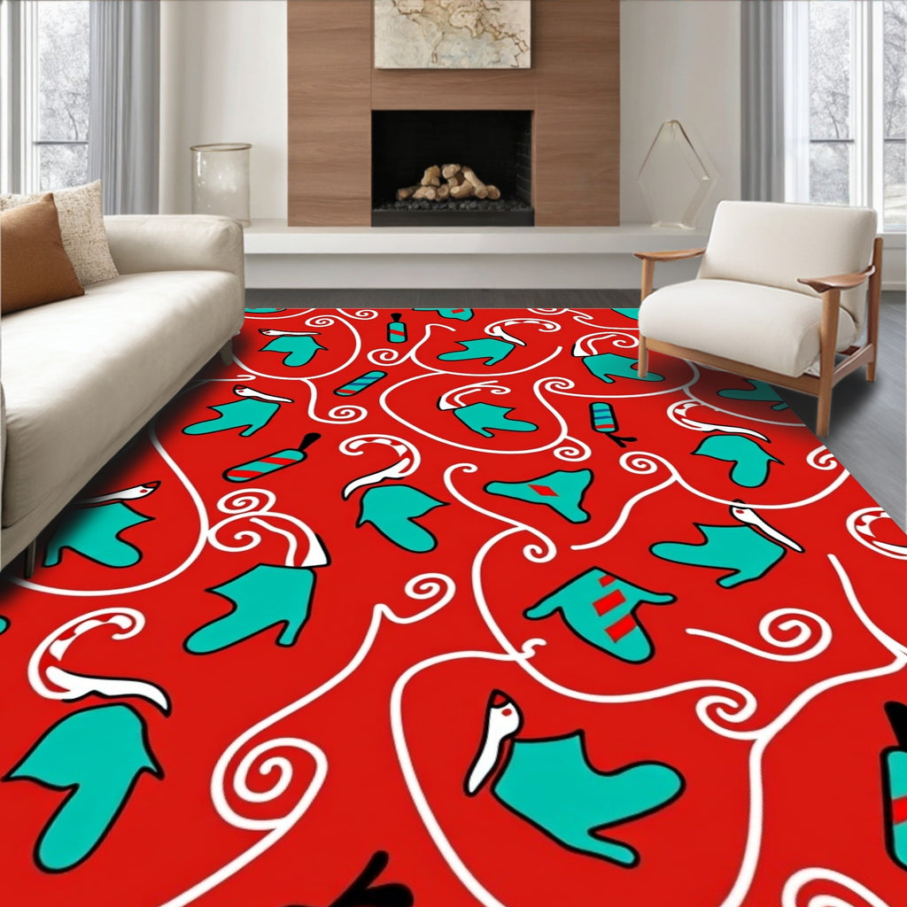 Red Teal White Swirl Abstract Shapes Rug