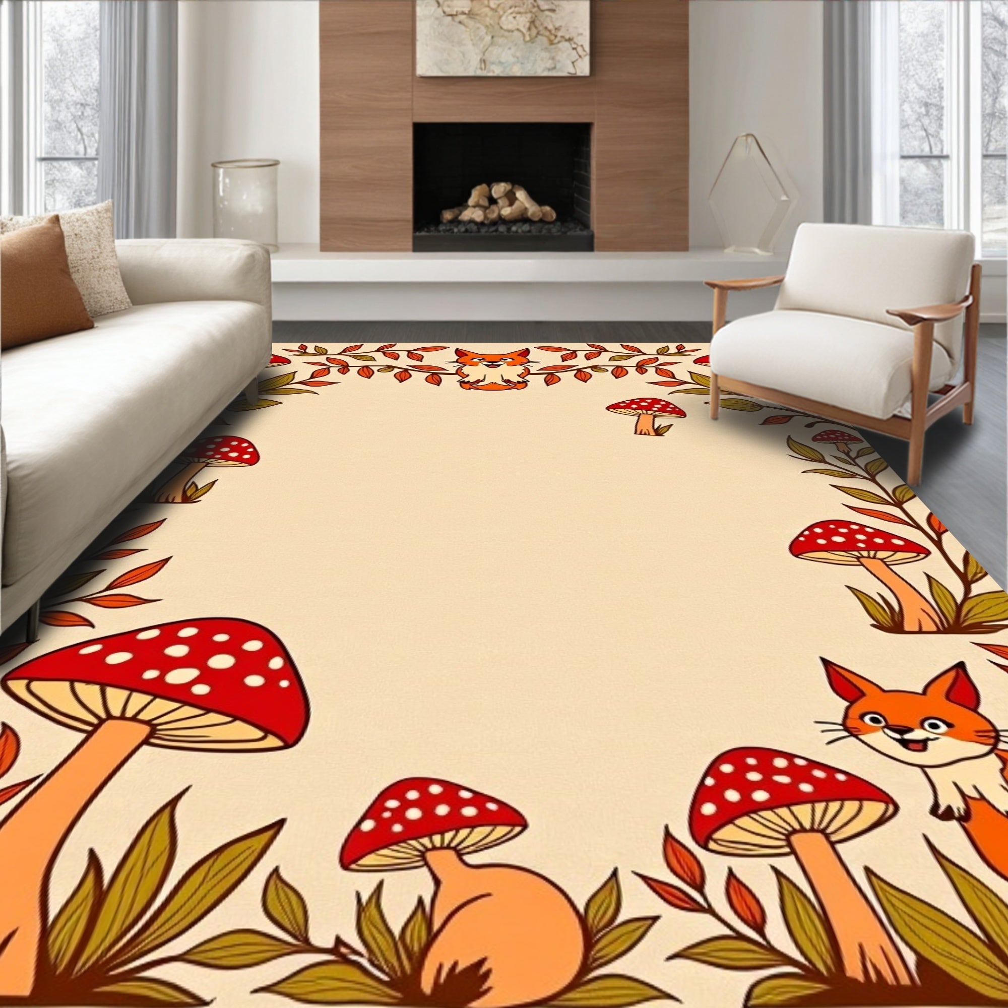 Whimsical Fox and Mushroom Autumn Border Rug