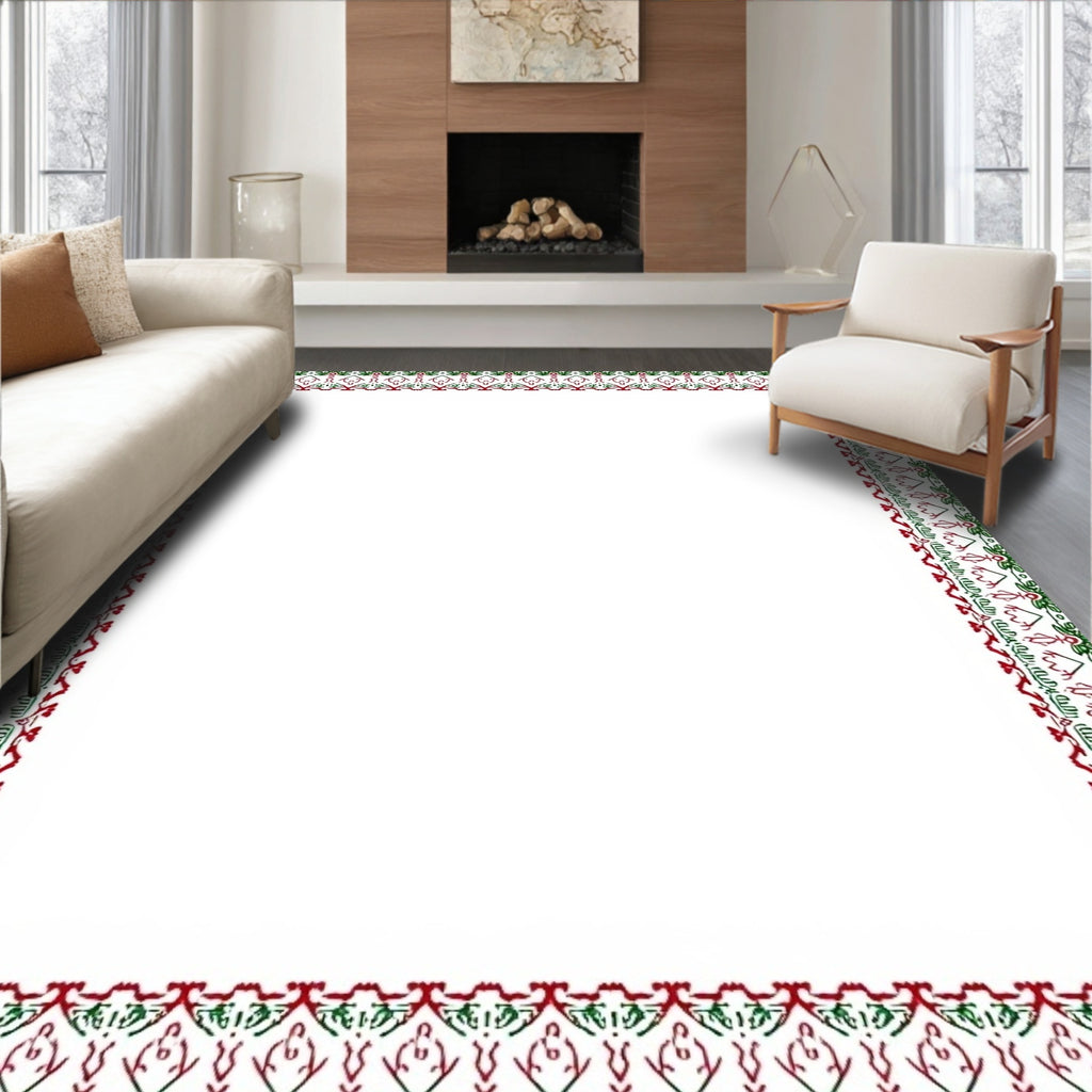 Crimson Green Floral Edged Rectangular Frame Rug