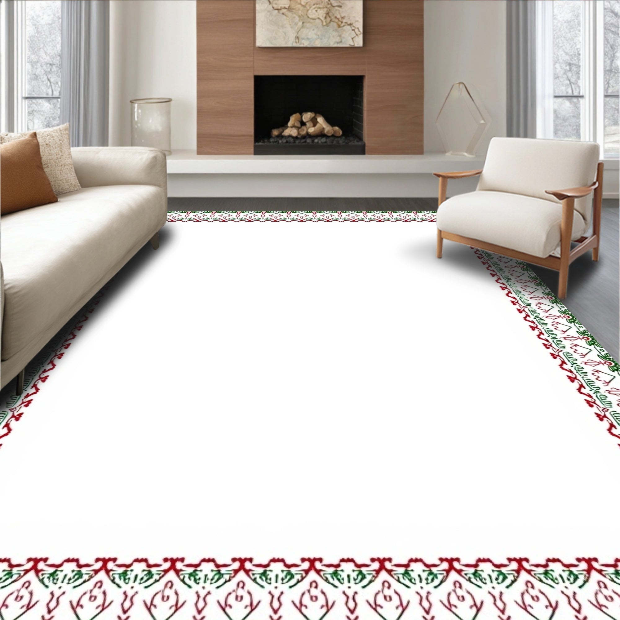 Crimson Green Floral Edged Rectangular Frame Rug