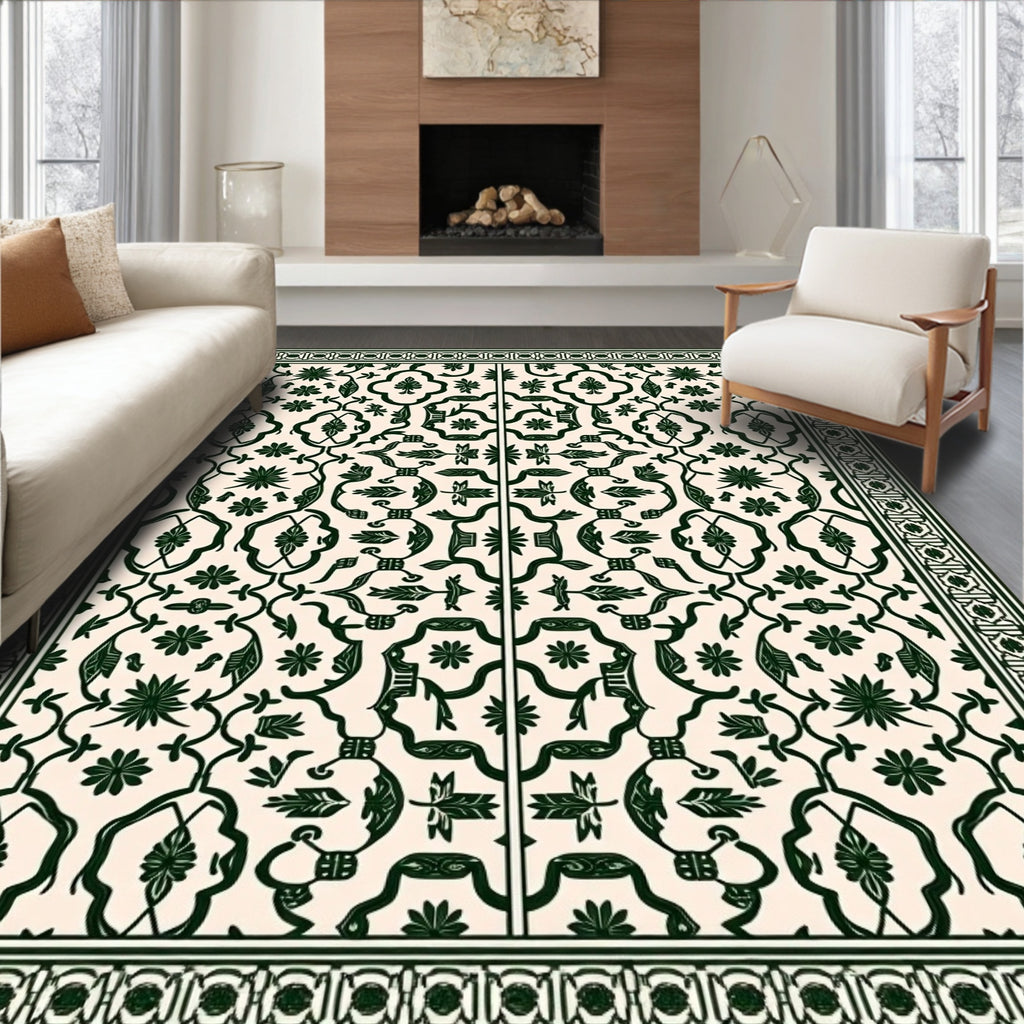 Classic Emerald Floral Scrolling Vine Rug