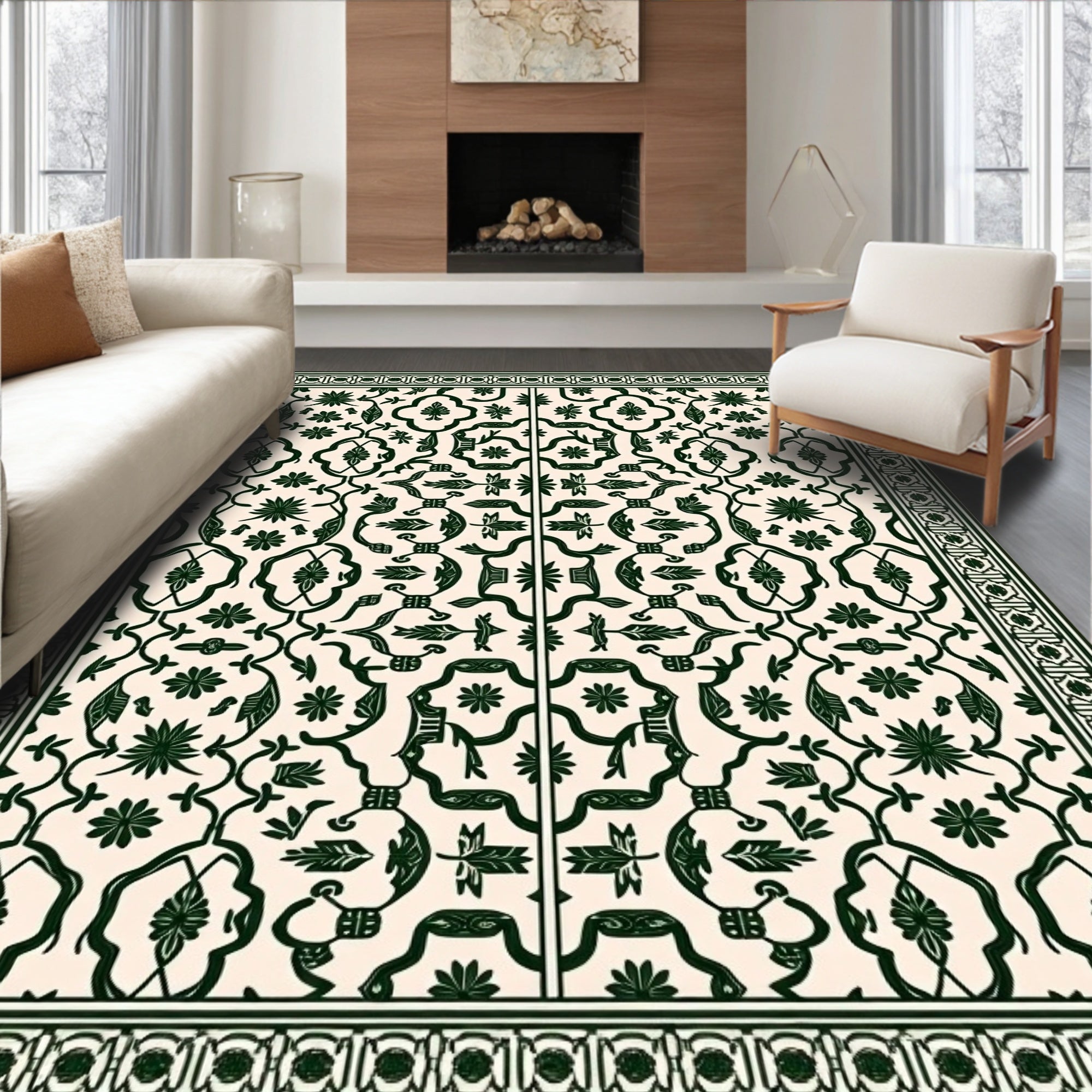 Classic Emerald Floral Scrolling Vine Rug