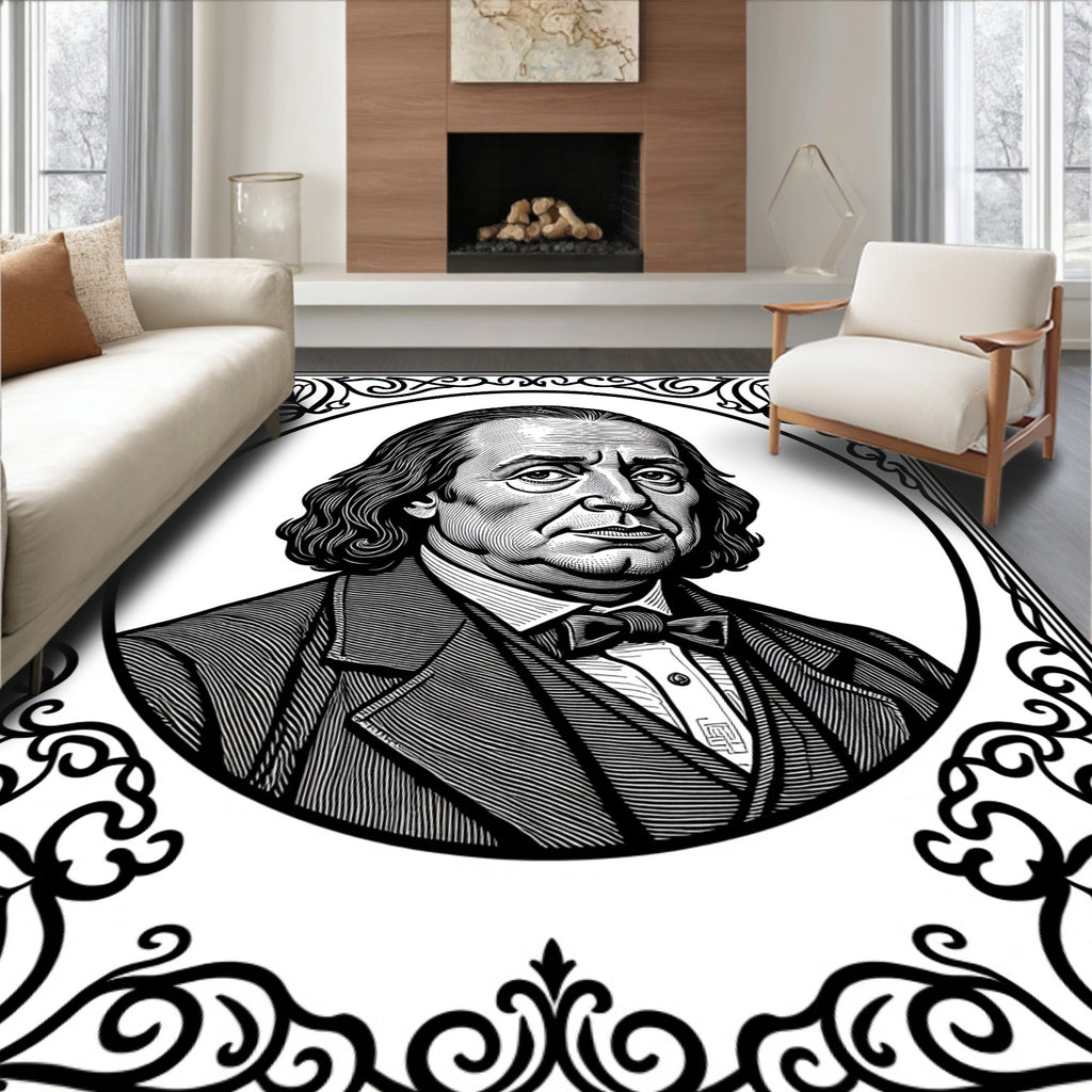 Victorian Black White Portrait Border Rug