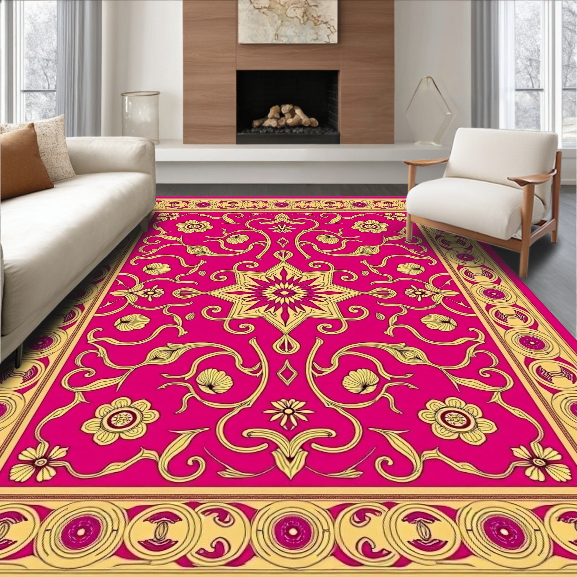 Lush Fuchsia Golden Floral Medallion Rug