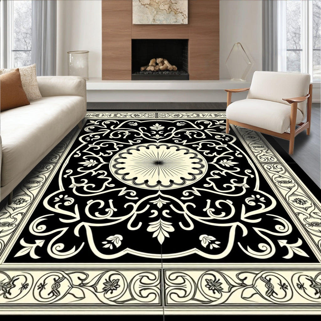 Black Beige Intricate Floral Medallion Rug