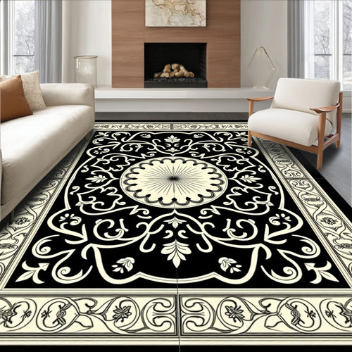 Black Beige Intricate Floral Medallion Rug