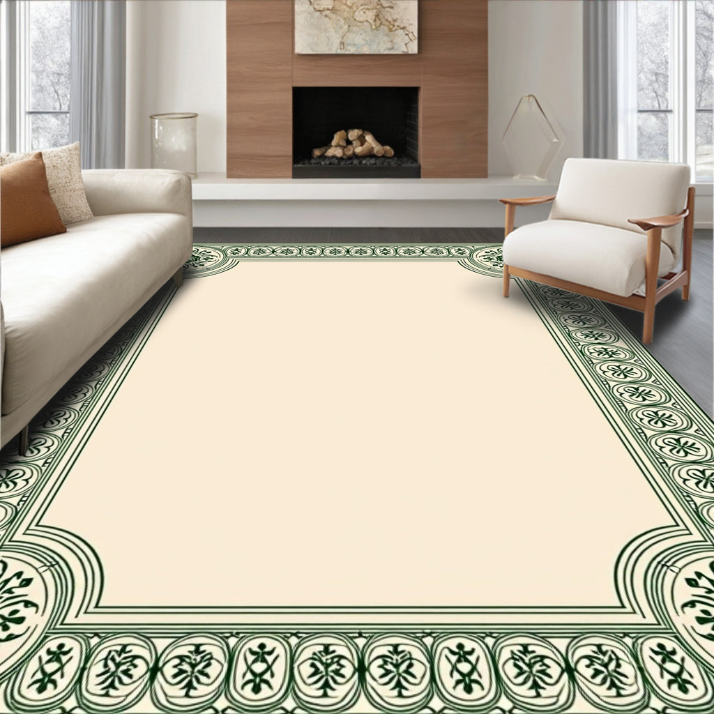 Dark Green Ornate Scroll Border Rug