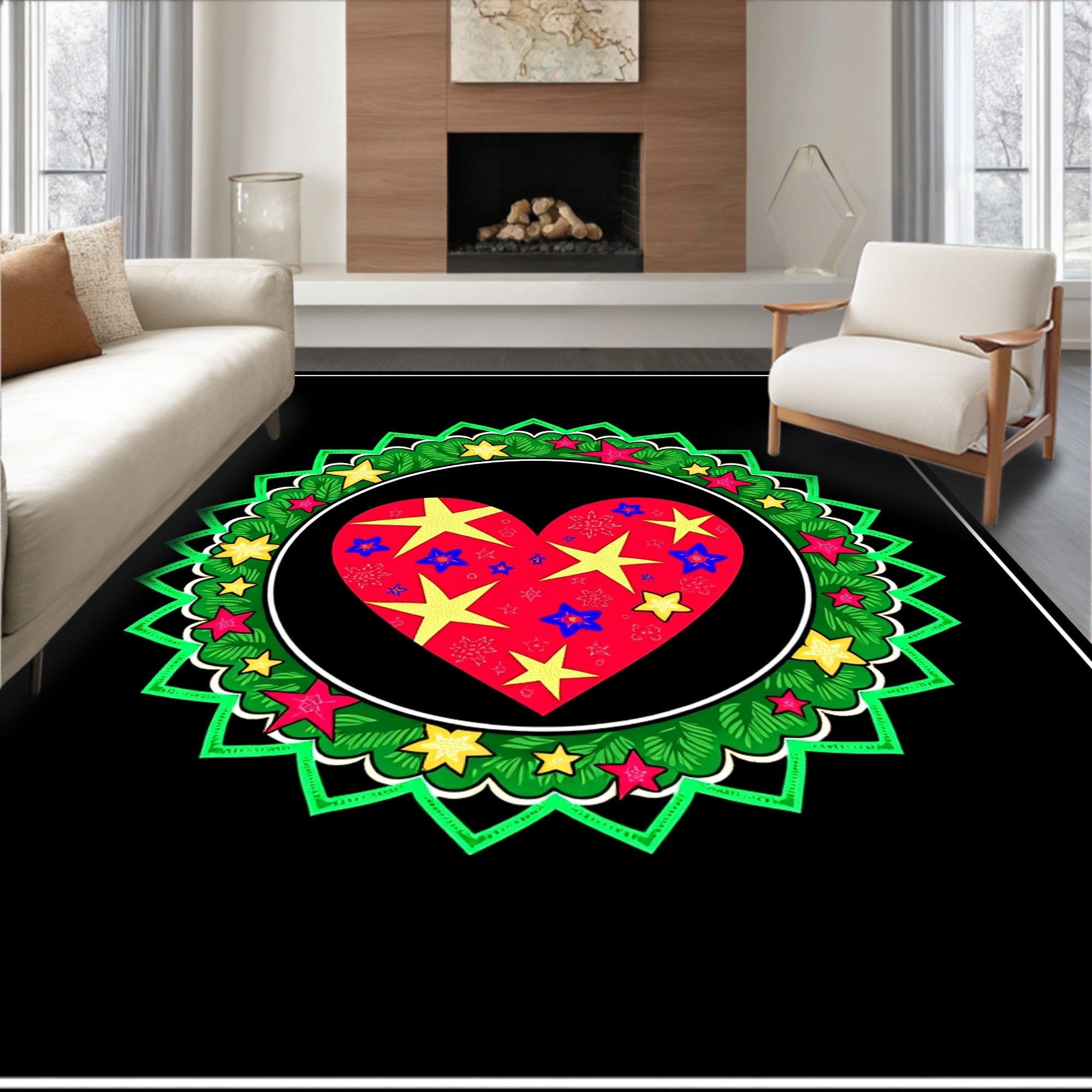 Red Heart With Yellow Star Garland Rug