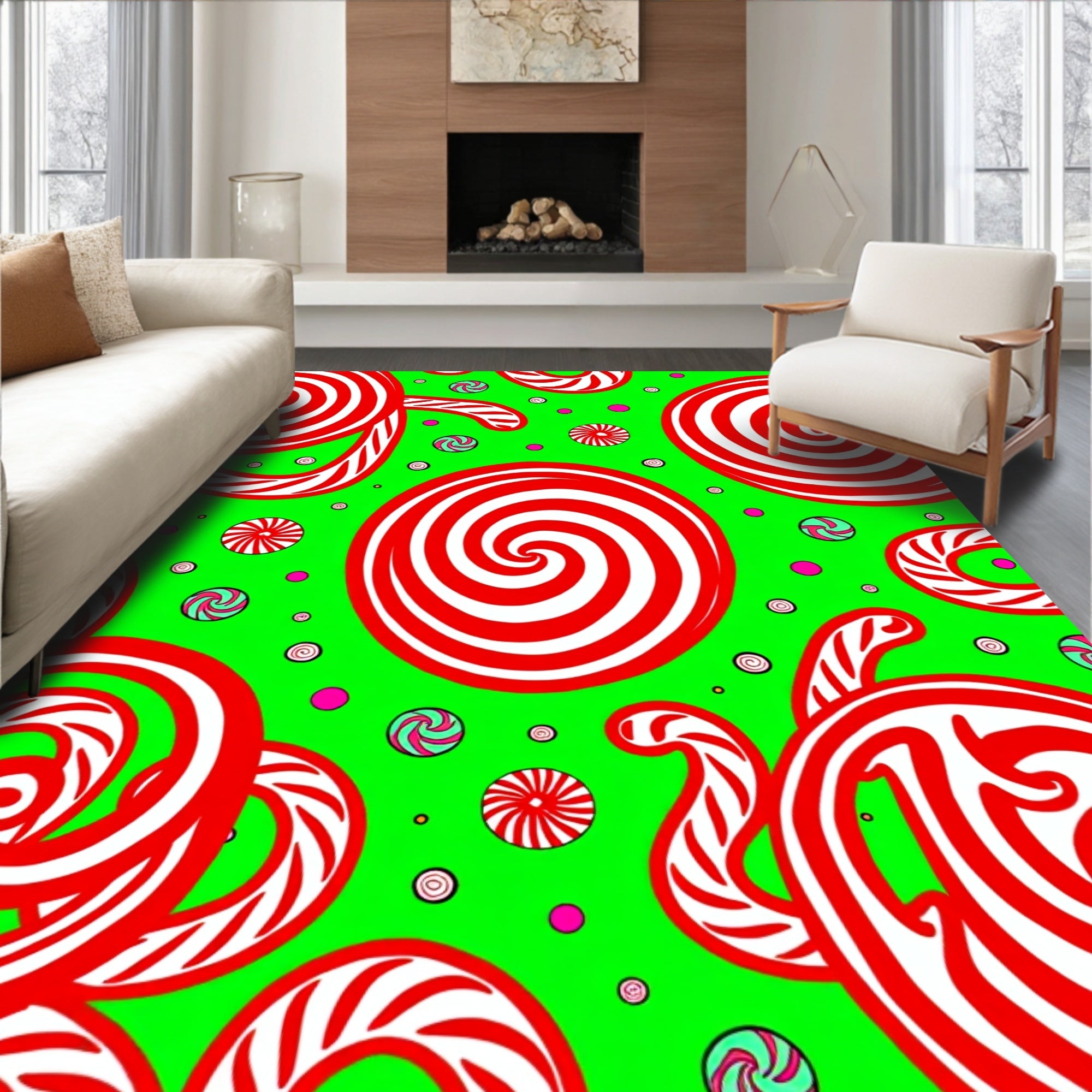 Whimsical Red Swirl Holiday Candies Rug