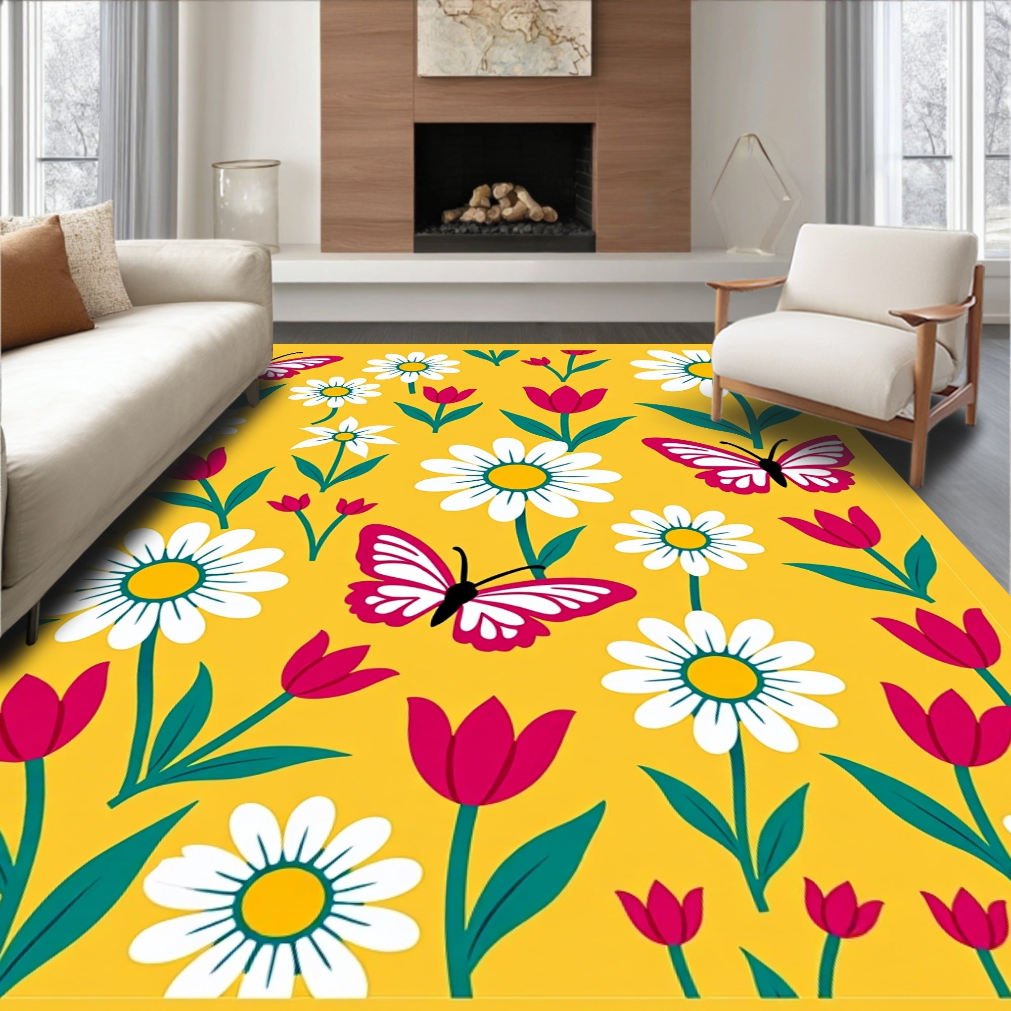 Yellow Daisy and Butterfly Garden Scene Rug
