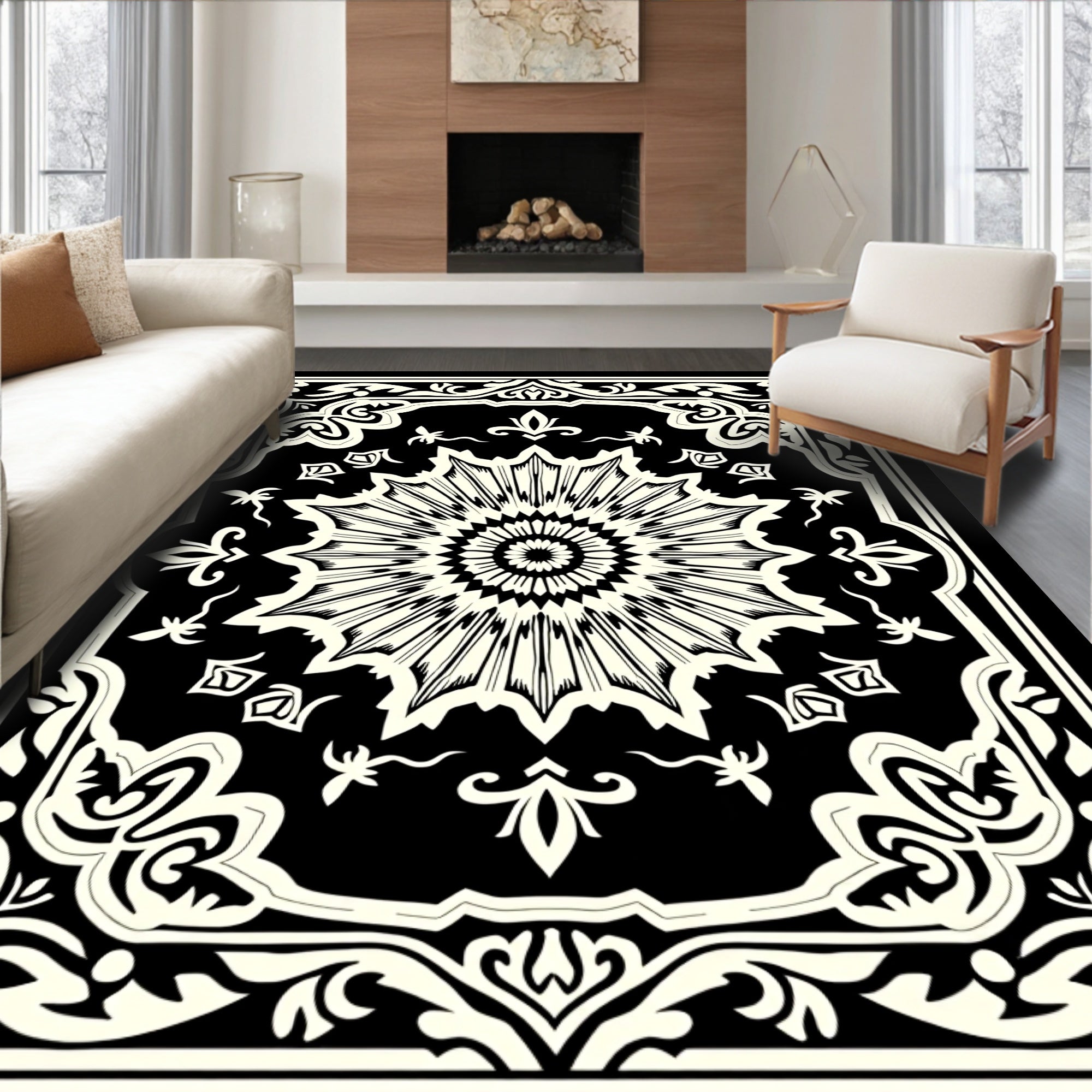 Black Ivory Sunburst Floral Frame Rug