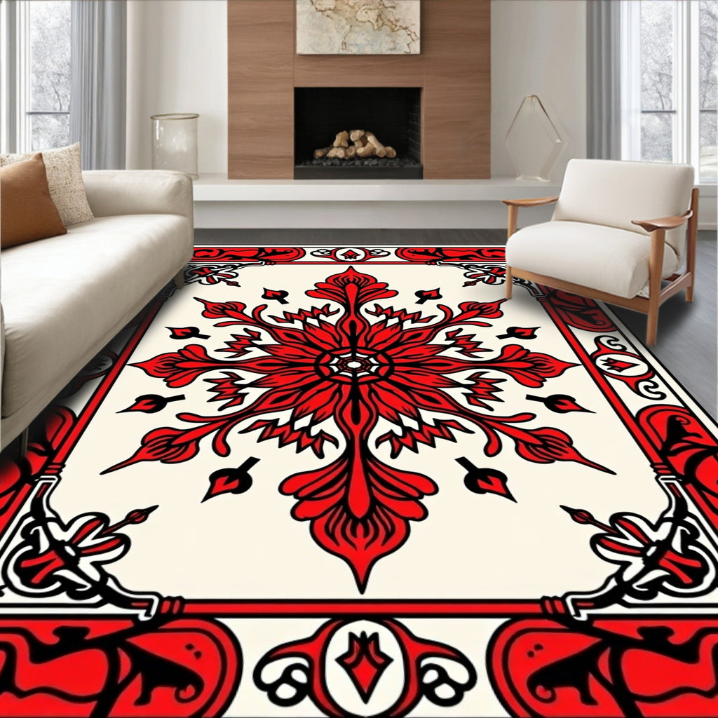 Crimson Floral Centerpiece Red Border Rug