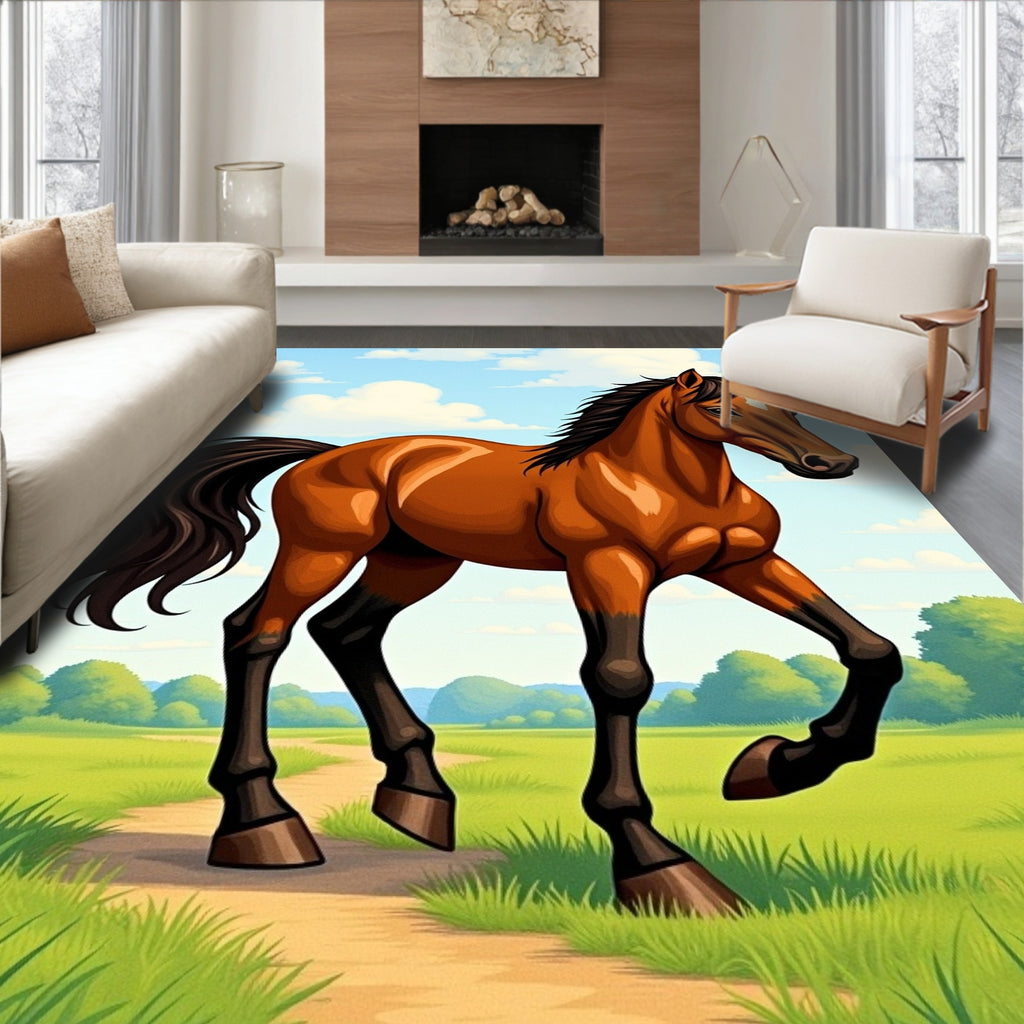 Brown Horse Galloping Across Field Rug