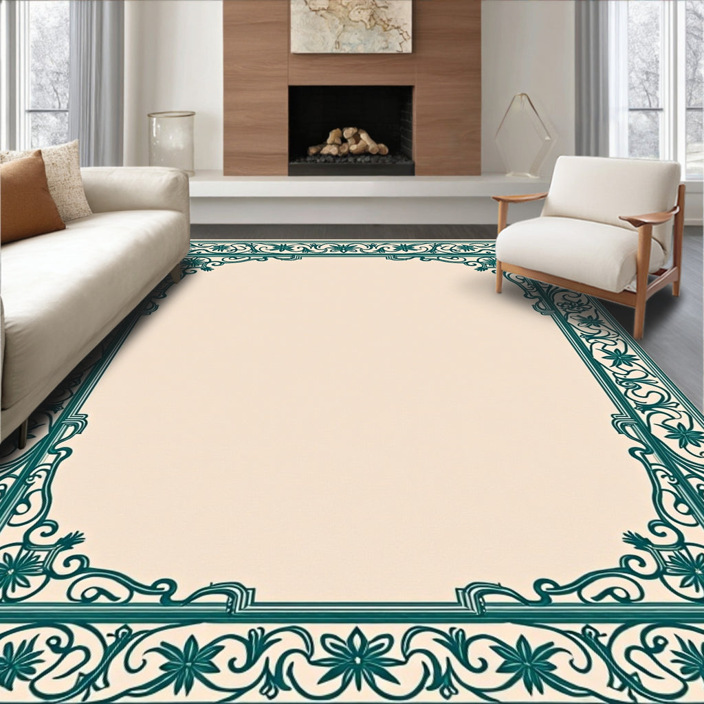 Teal Floral Vine Border Rug