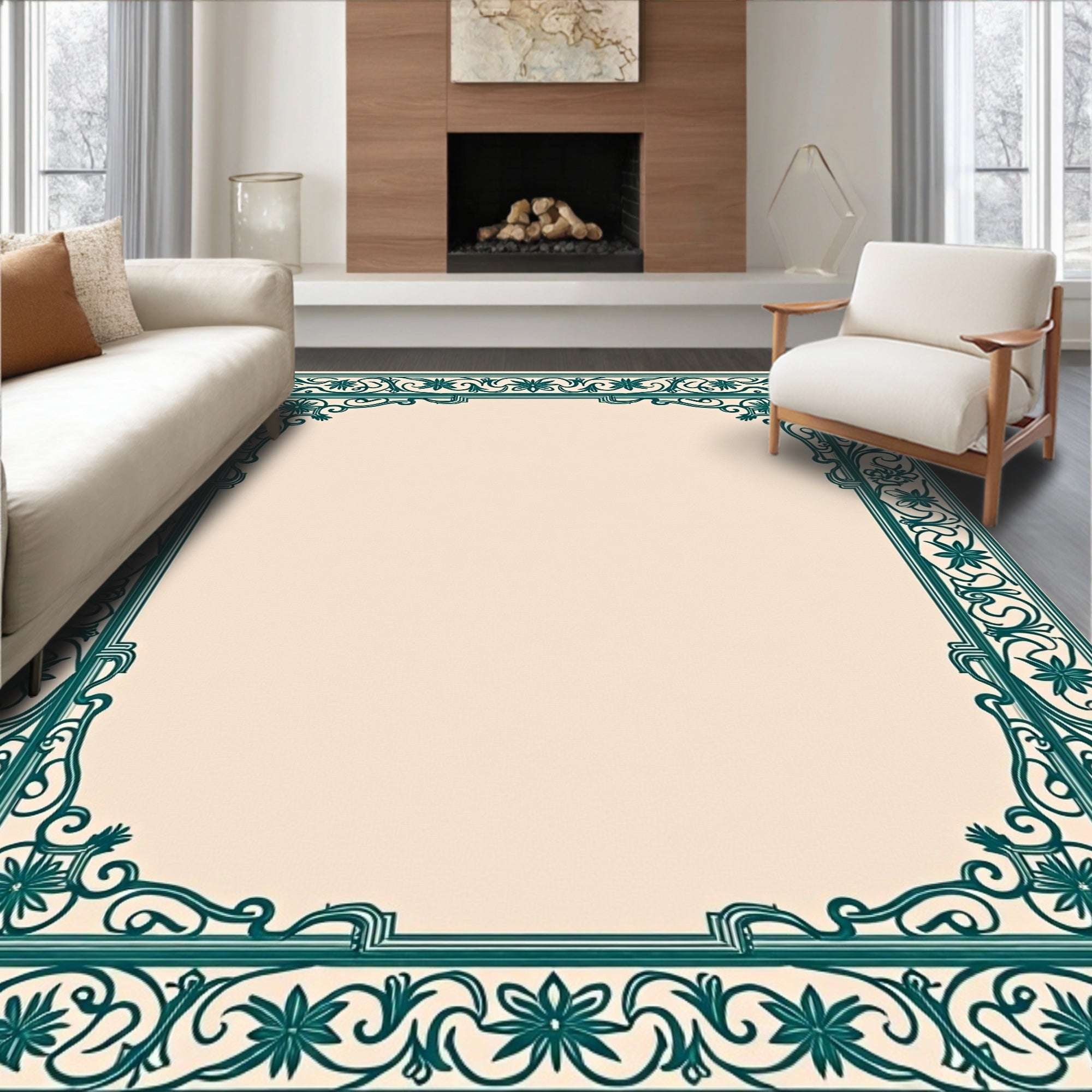 Teal Floral Vine Border Rug