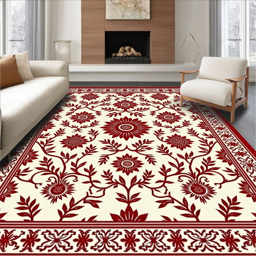Crimson Floral Vine Bordered Rug