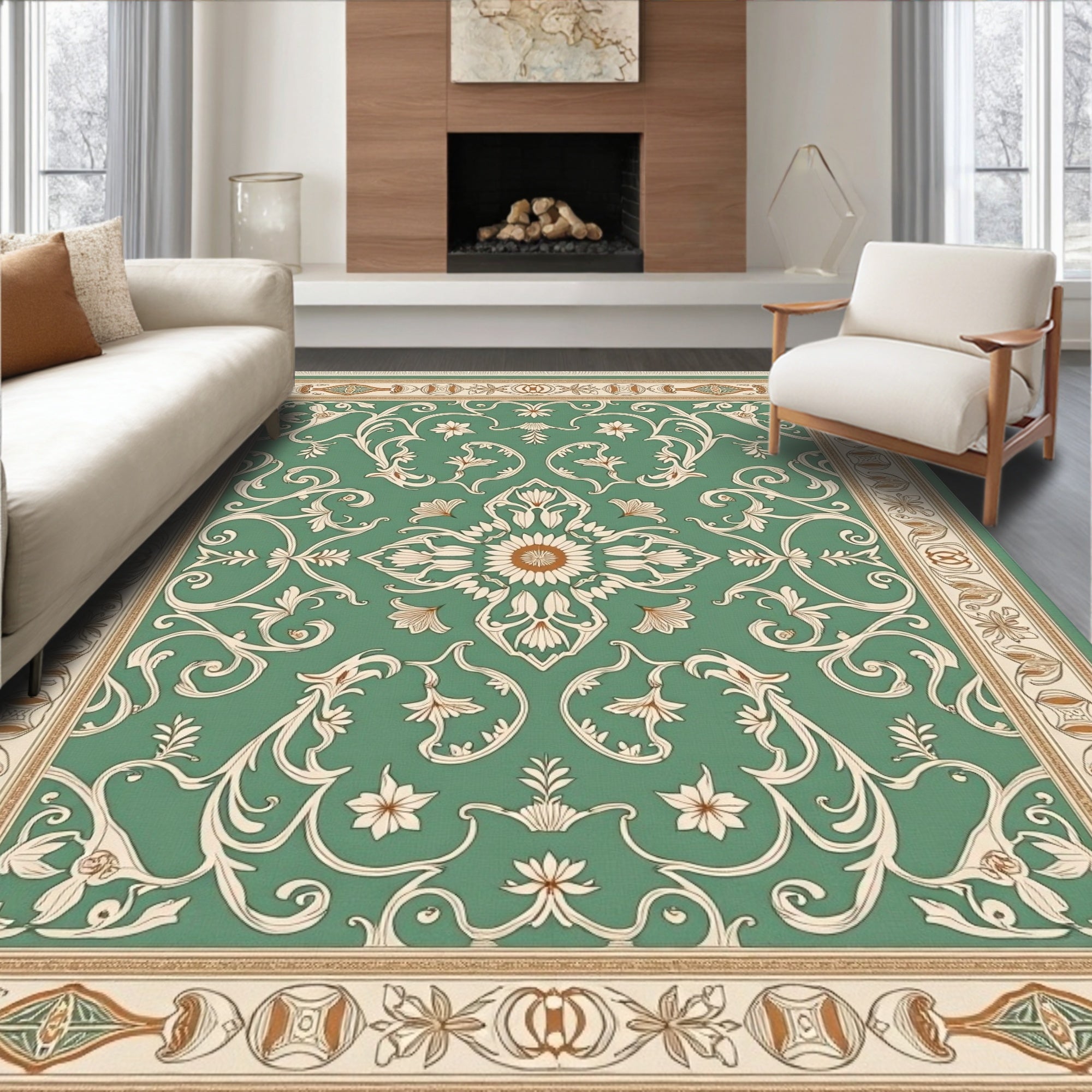 Teal Verdant Ornate Scroll Blossom Rug