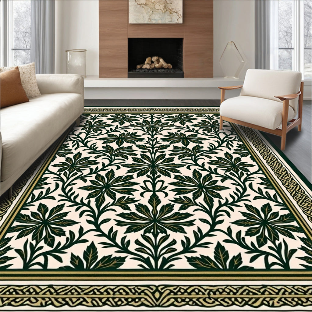 Dark Green Leafy Vine Scroll Rug