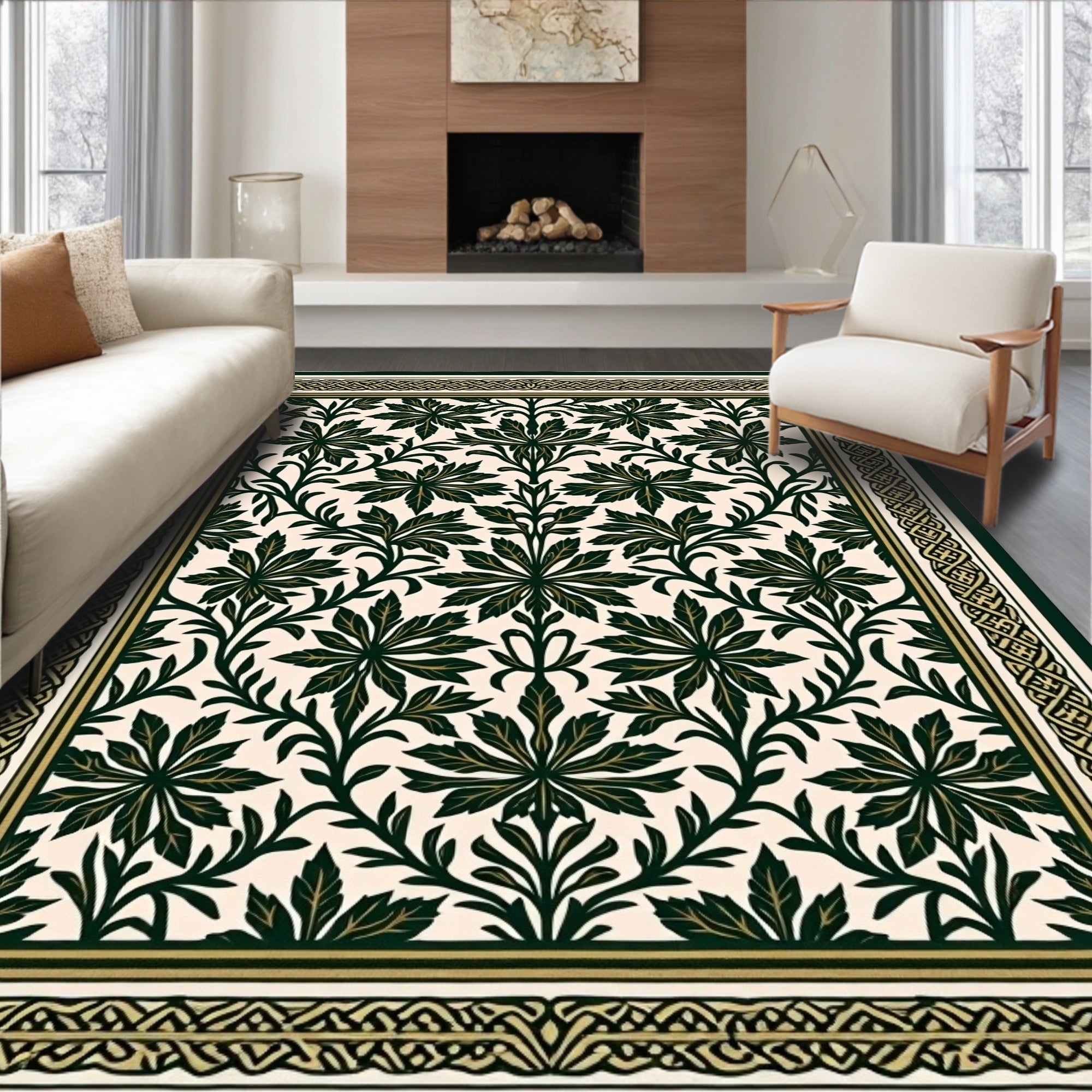 Dark Green Leafy Vine Scroll Rug