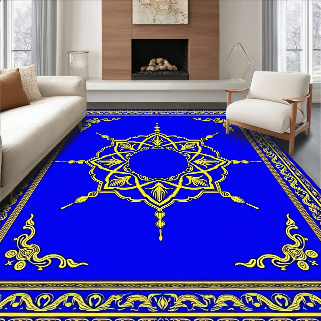 Vibrant Cobalt Yellow Symmetrical Bloom Rug