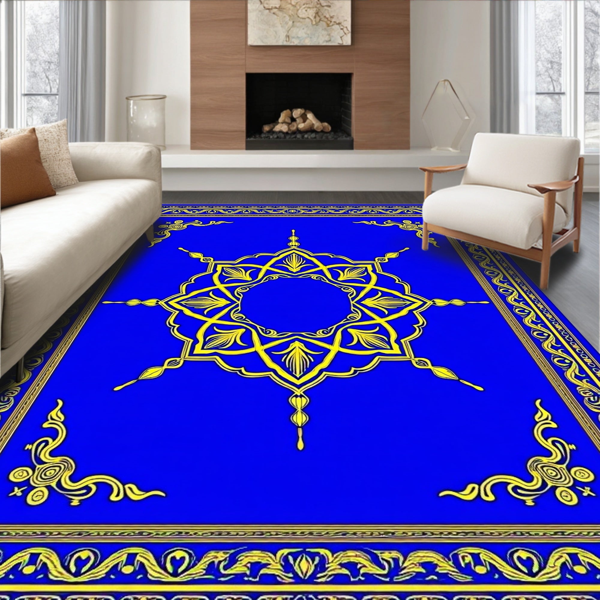 Vibrant Cobalt Yellow Symmetrical Bloom Rug