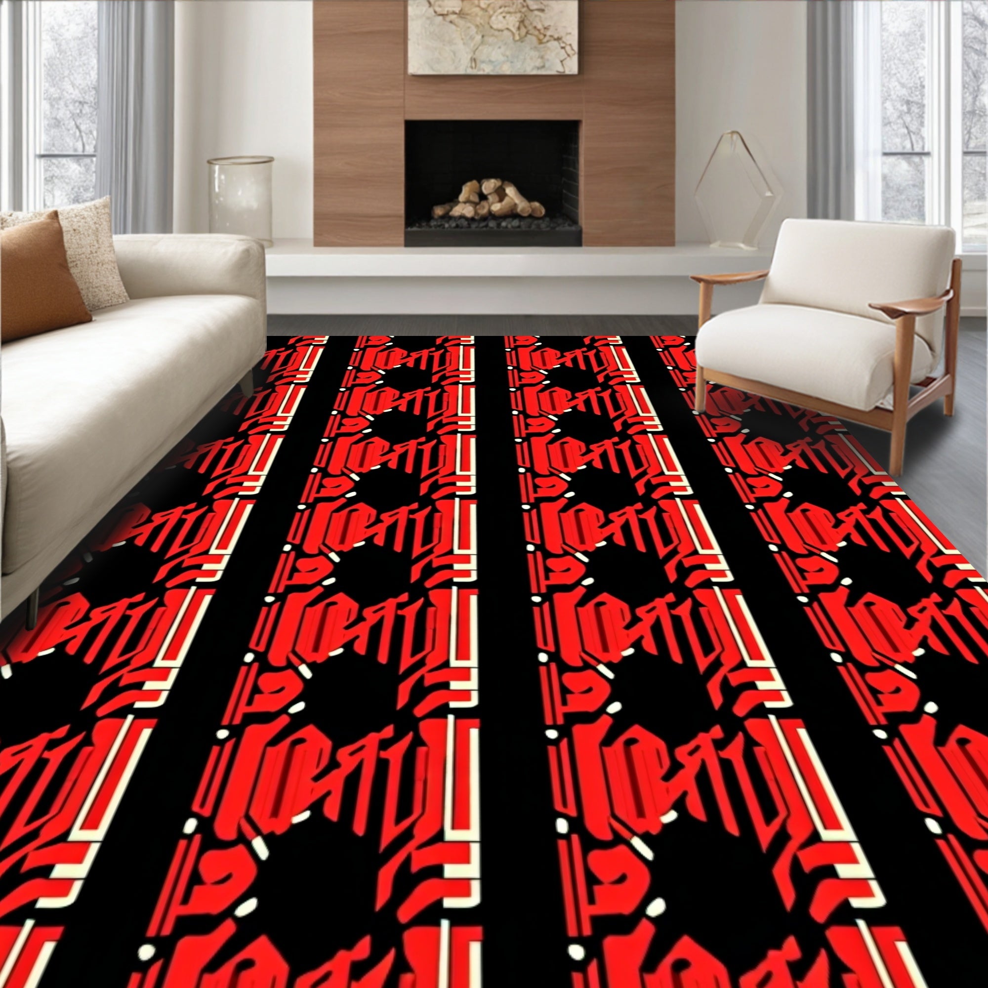 Bold Red Black Geometric Octagon Rug