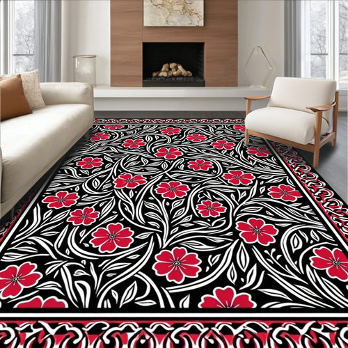 Black Crimson Floral Vine Border Rug