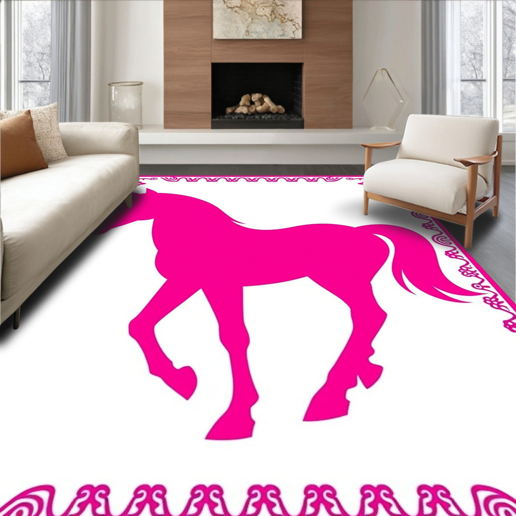 Vibrant Pink Horse Floral Border Rug