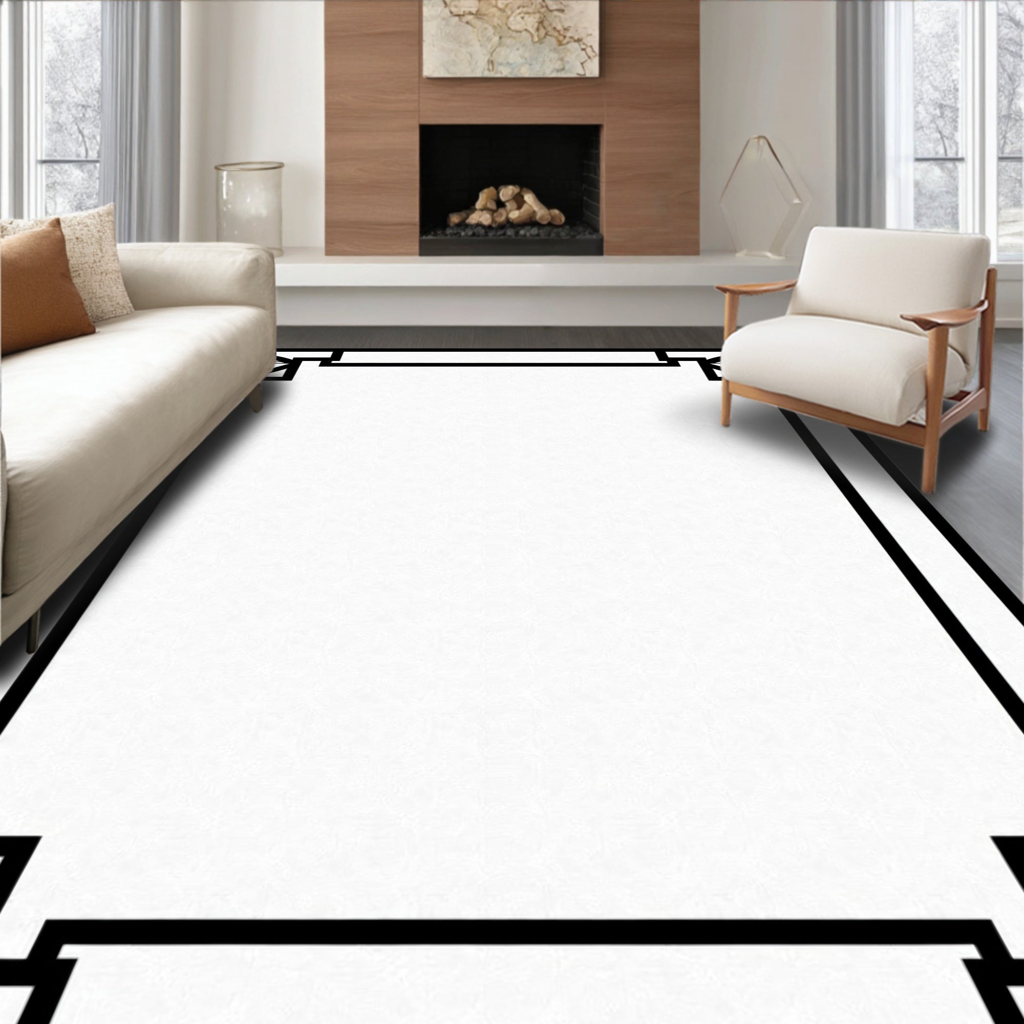 Classic Black White Geometric Corner Medallion Rug