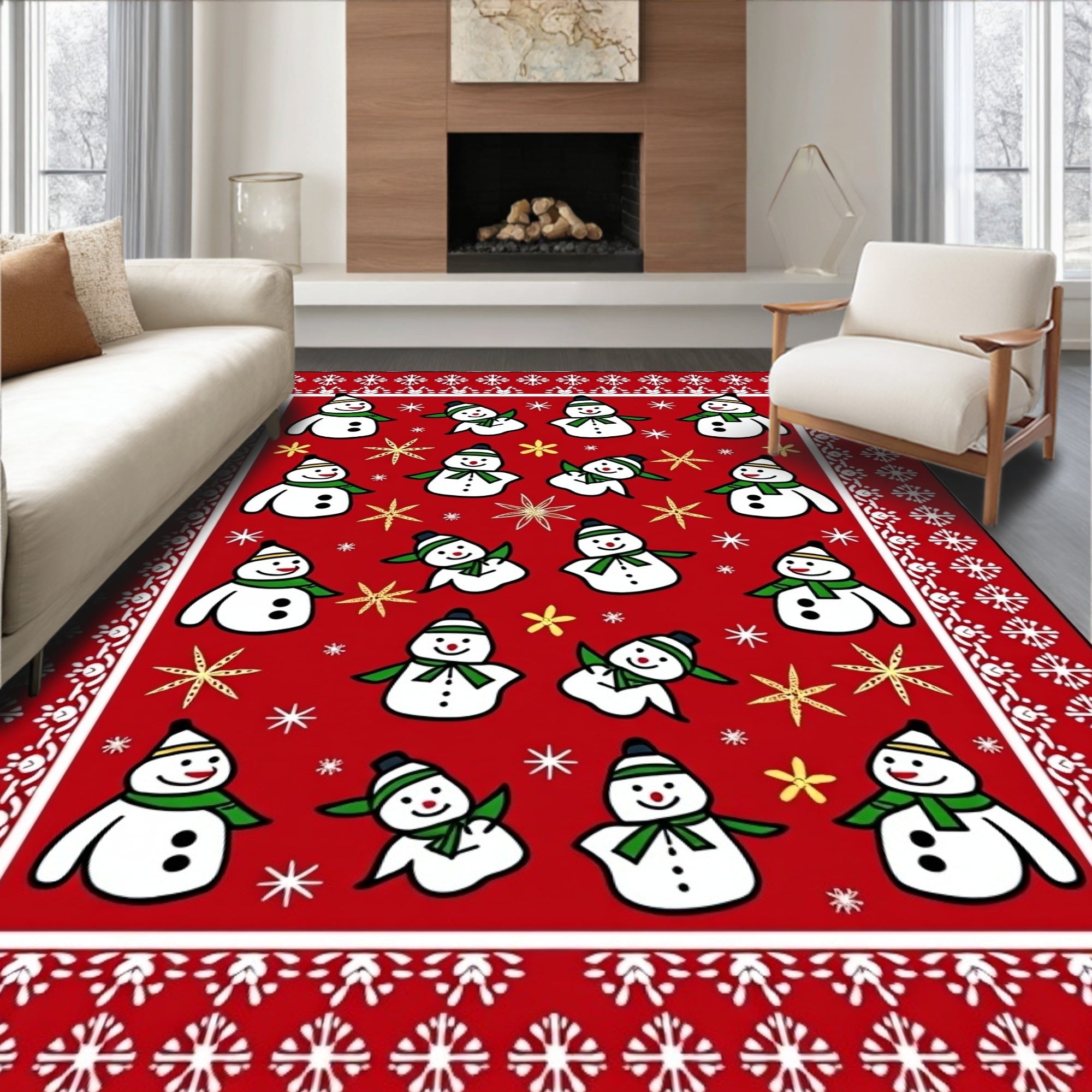 Christmas Snowman Red Whimsical Snowflakes Rug