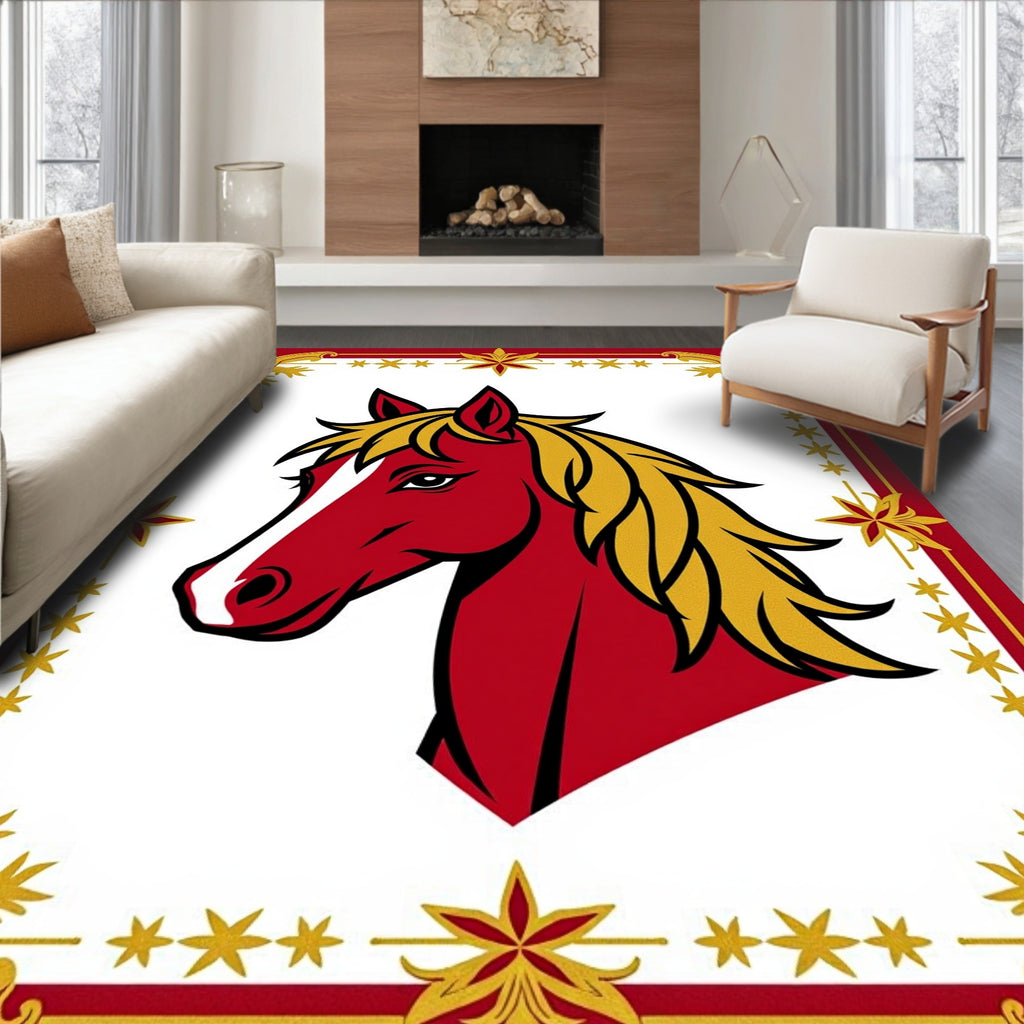 Bold Red Horse Gold Embellished Border Rug