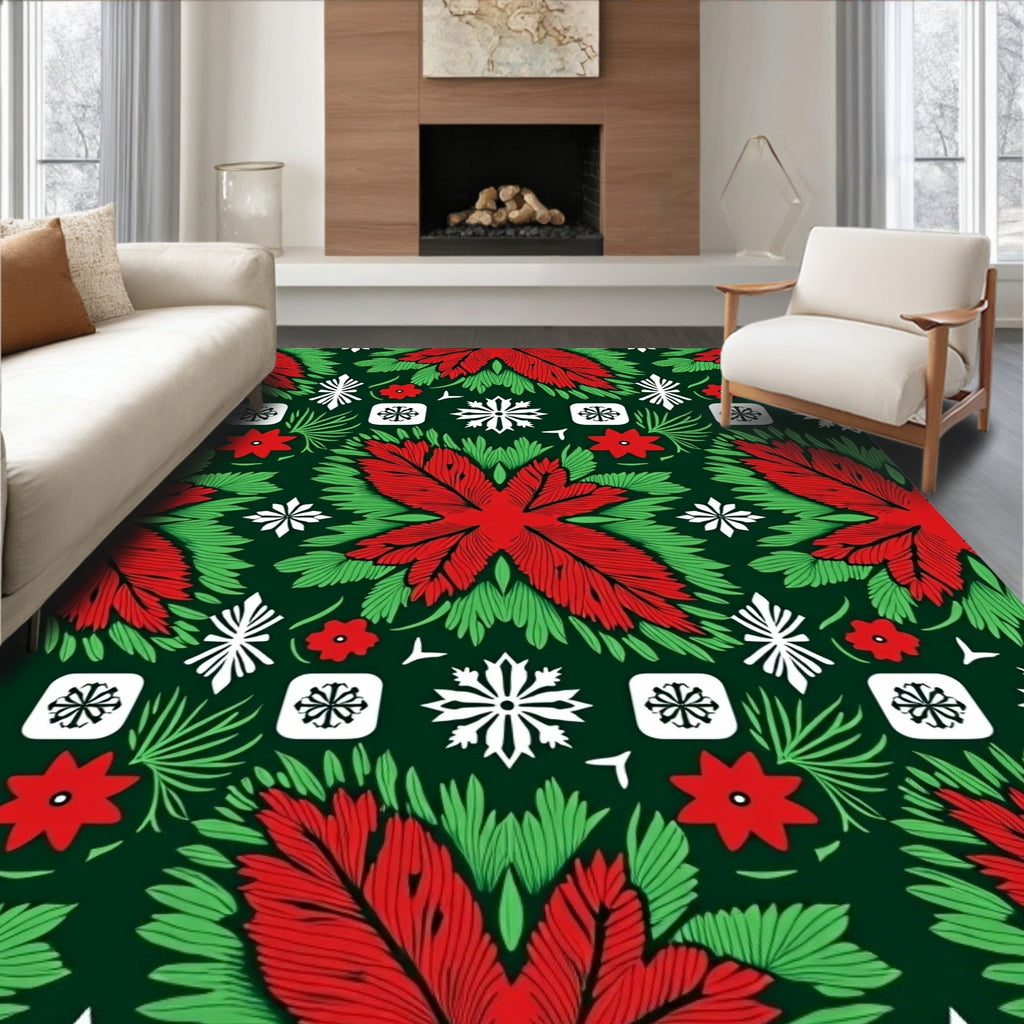 Crimson Red Green Floral Snowflake Medallion Rug