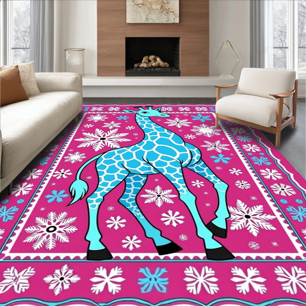 Whimsical Blue Giraffe Snowflake Shower Rug