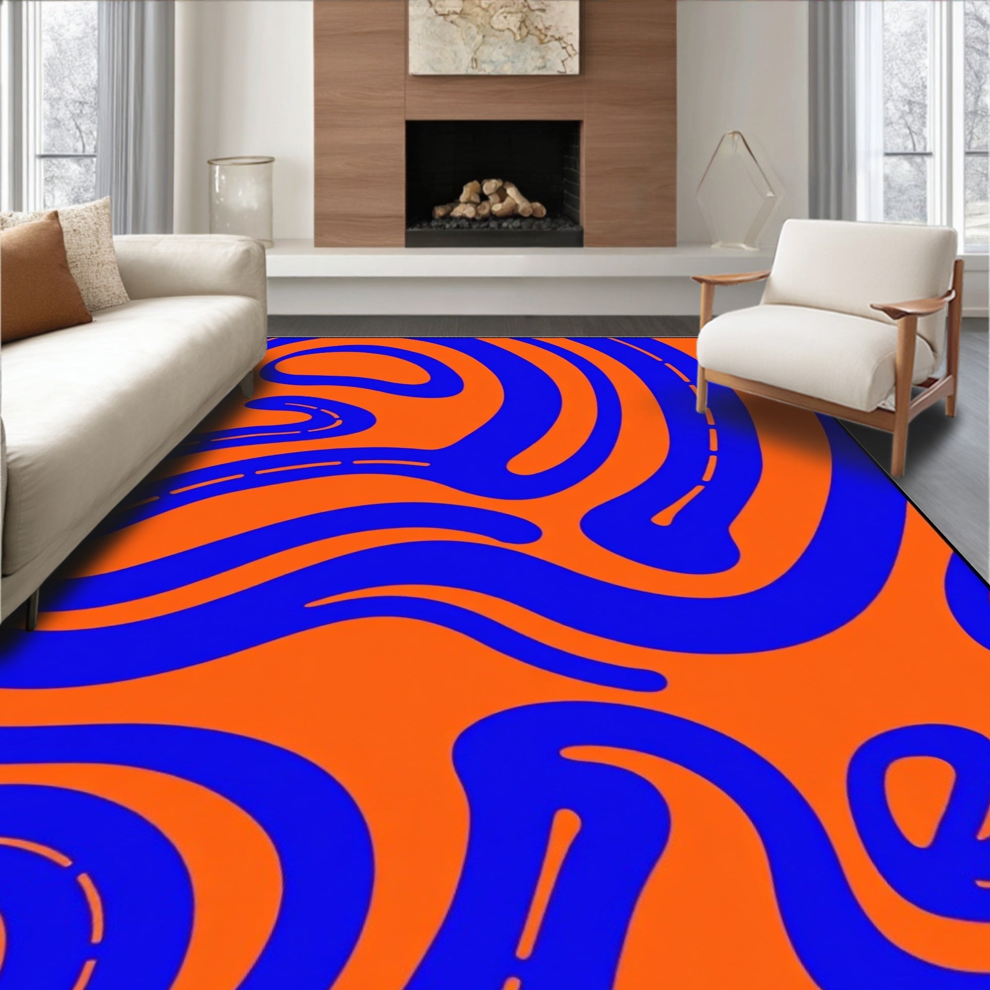 Vibrant Orange Blue Swirl Flow Rug