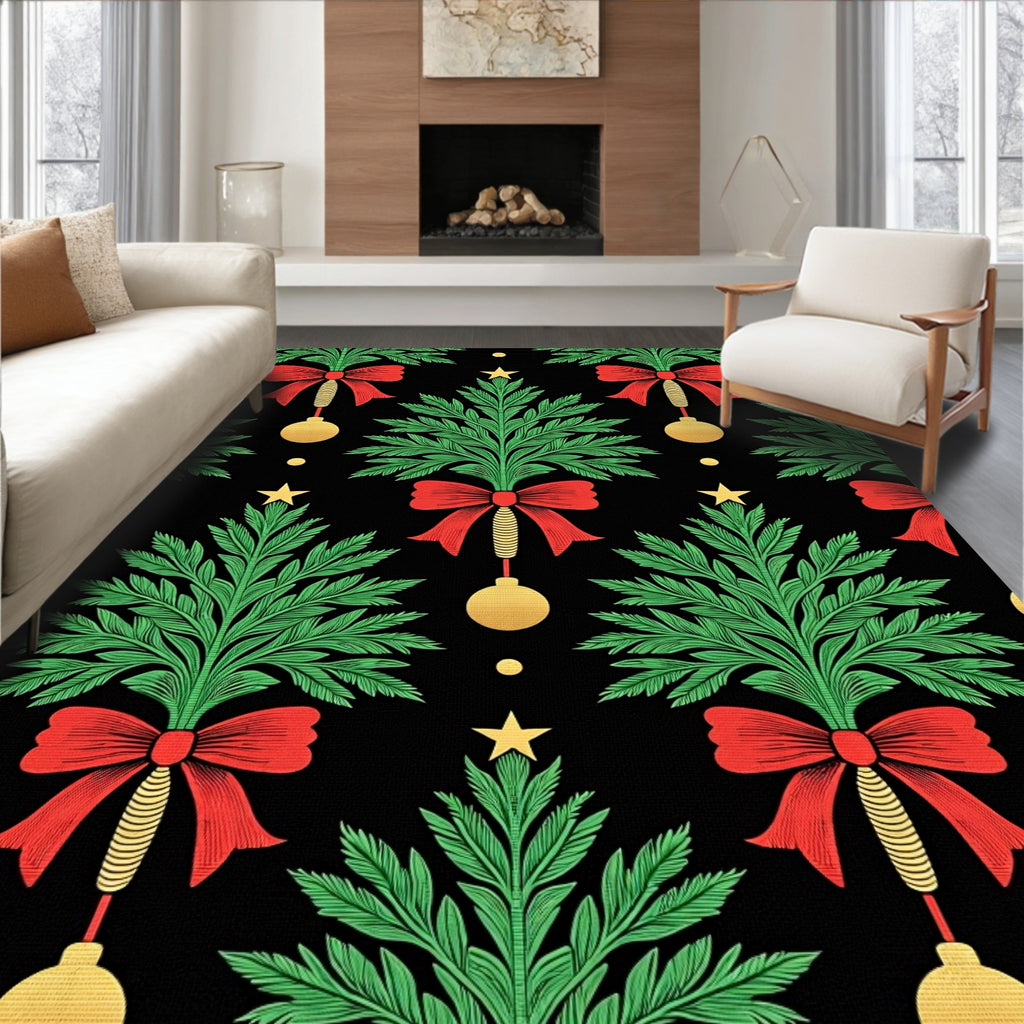 Green Pine Red Bow Gold Ornament Rug