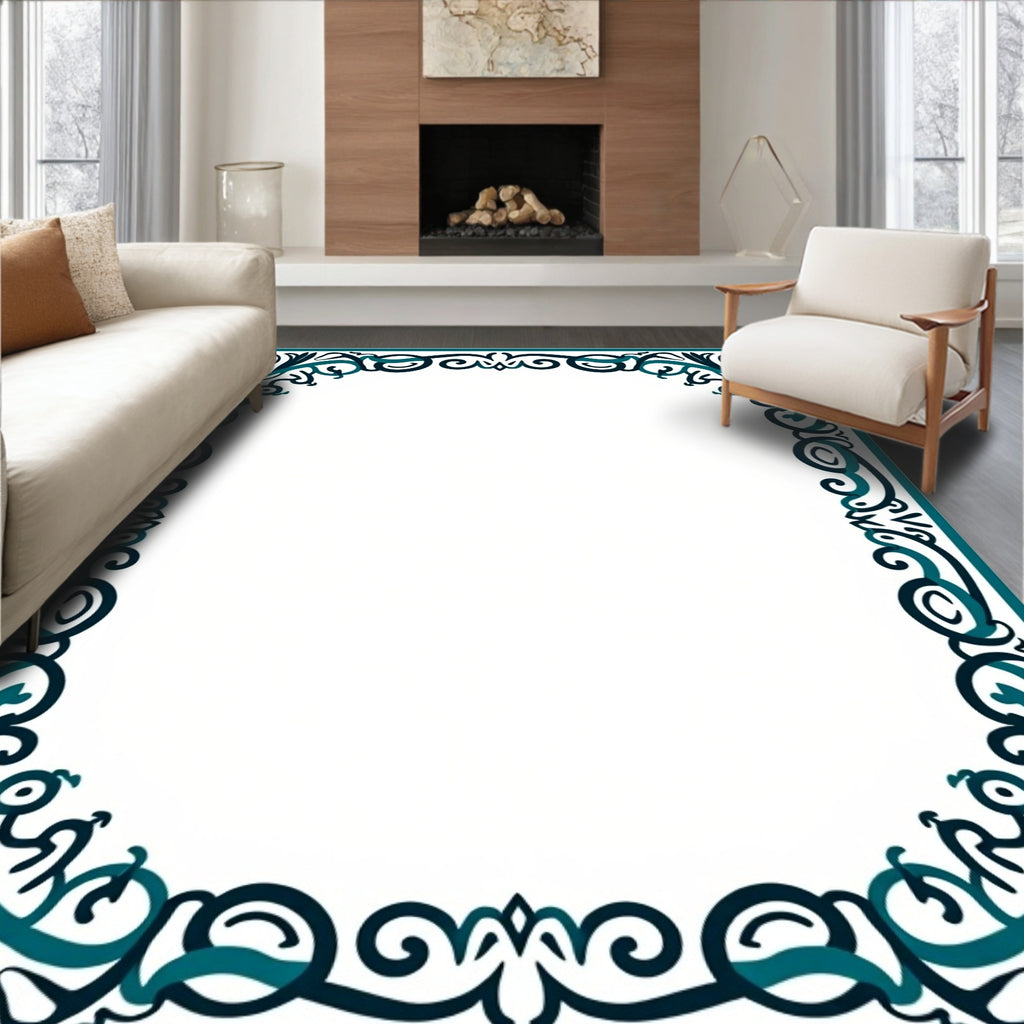 Teal Blue Floral Scroll Frame Rug