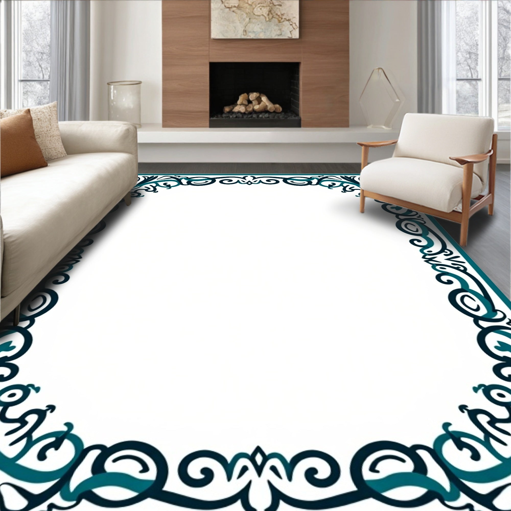 Teal Blue Floral Scroll Frame Rug