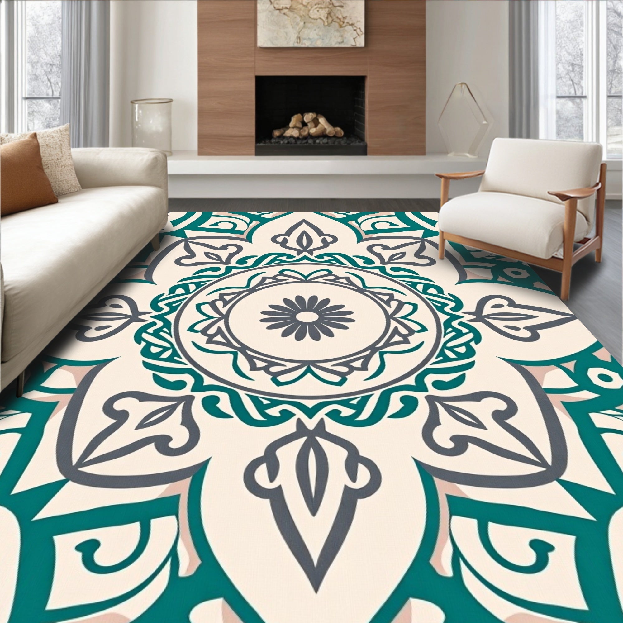 Teal and Gray Mandala Floral Lace Rug